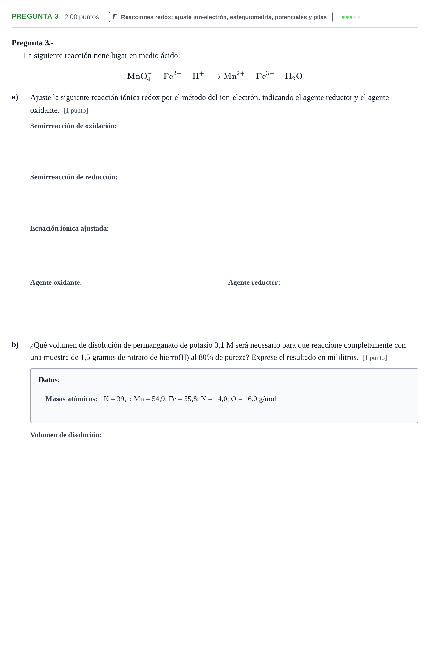 Enunciado: Pregunta 3 · Química PAU La Rioja Ordinaria 2024