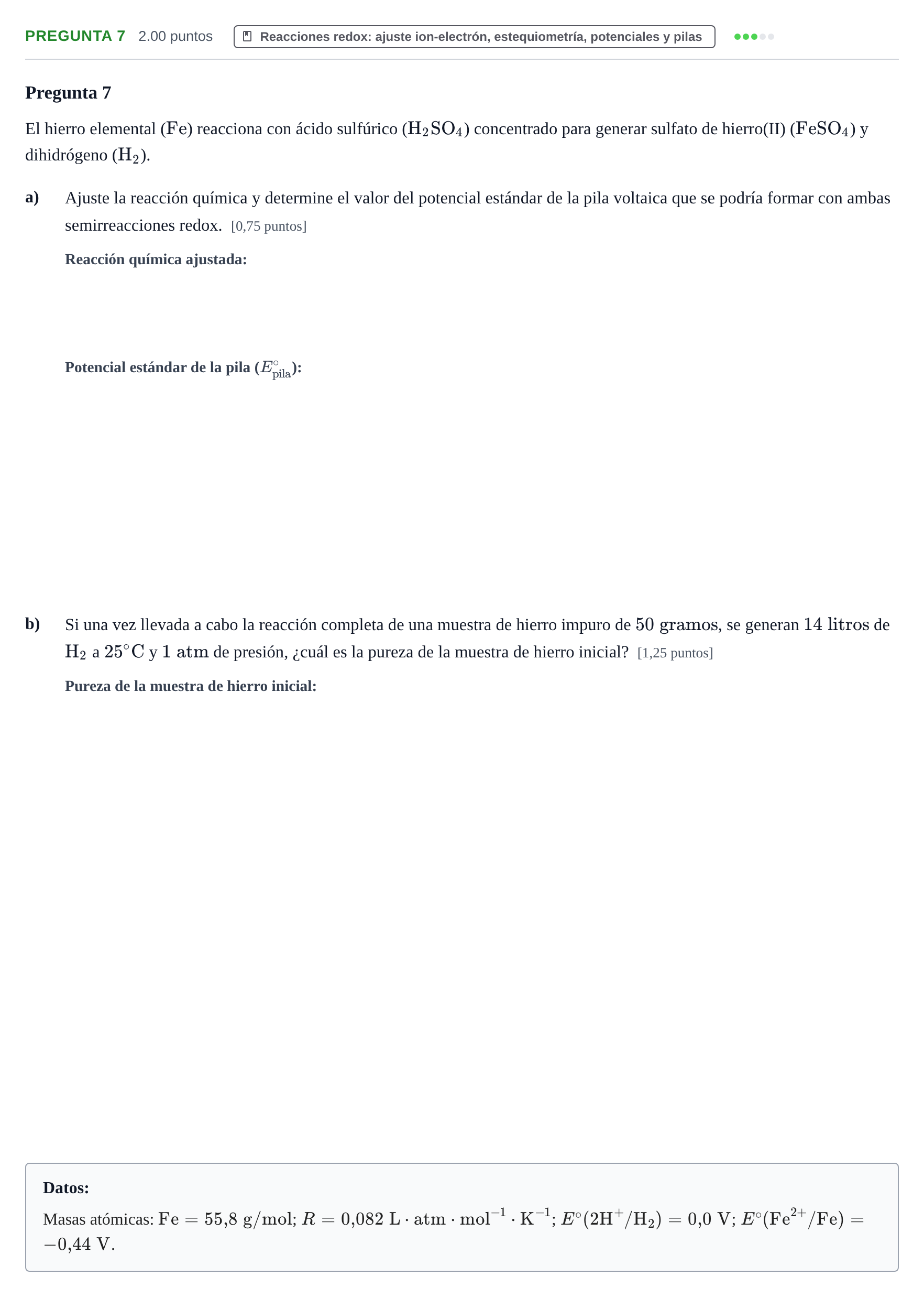 Enunciado: Pregunta 7 · Química PAU La Rioja Ordinaria 2024