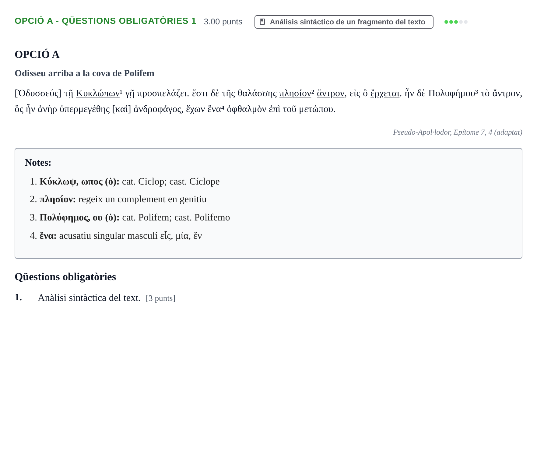 Enunciado: Ejercicio Opció A - Qüestions obligatòries 1 · Griego II PAU Baleares Extraordinaria 2023
