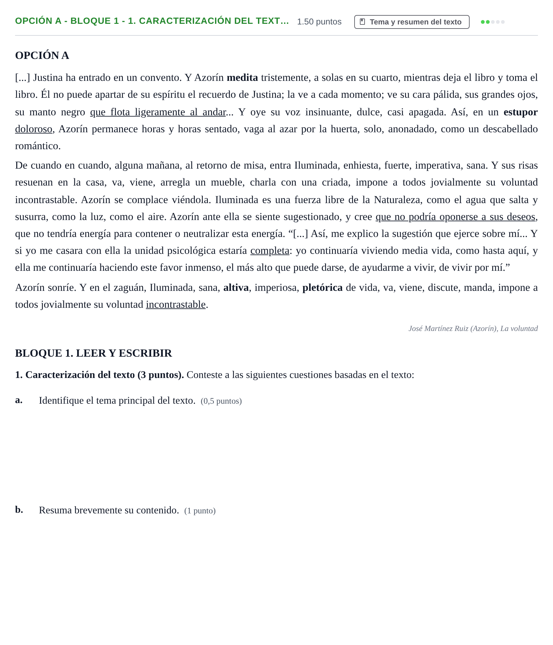 Enunciado: Opción A - Bloque 1 - 1. Caracterización del text… · Lengua Castellana y Literatura II PAU Baleares Extraordinaria 2023