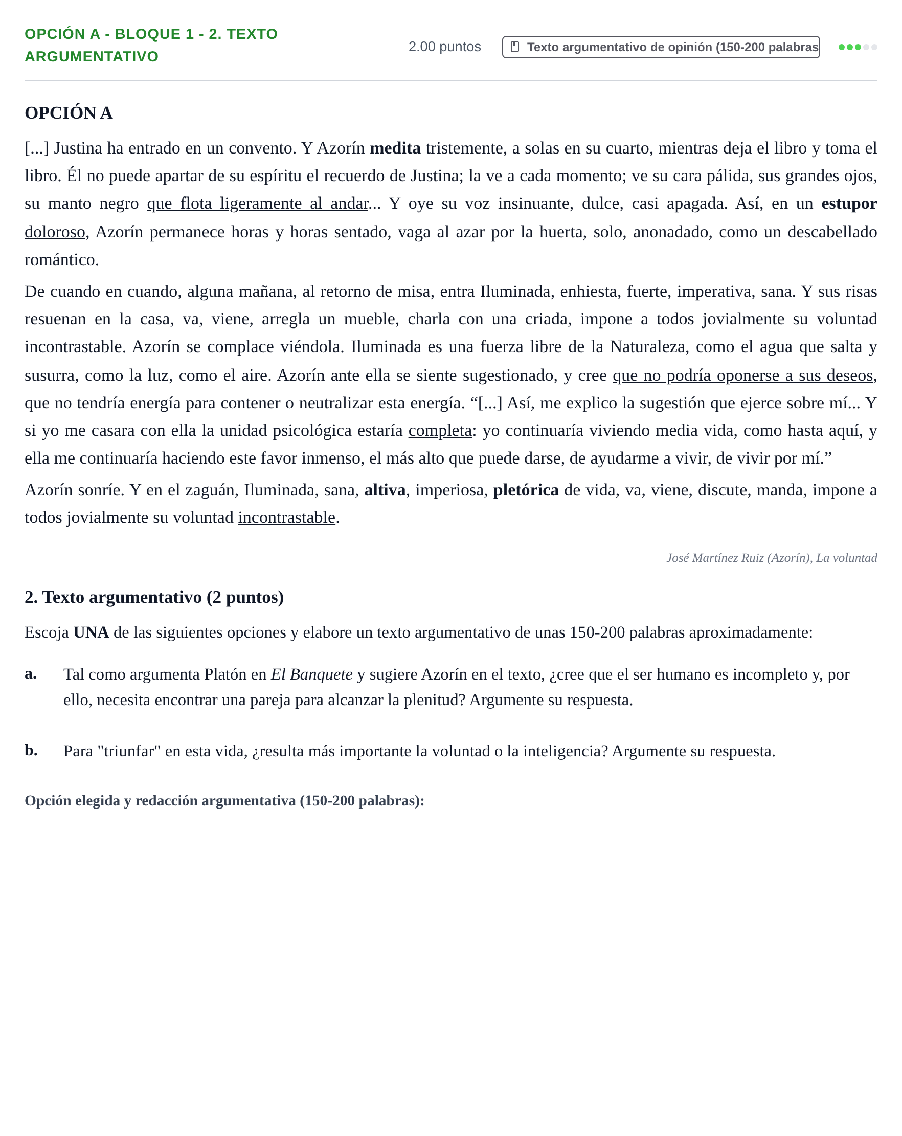 Enunciado: Opción A - Bloque 1 - 2. Texto argumentativo · Lengua Castellana y Literatura II PAU Baleares Extraordinaria 2023
