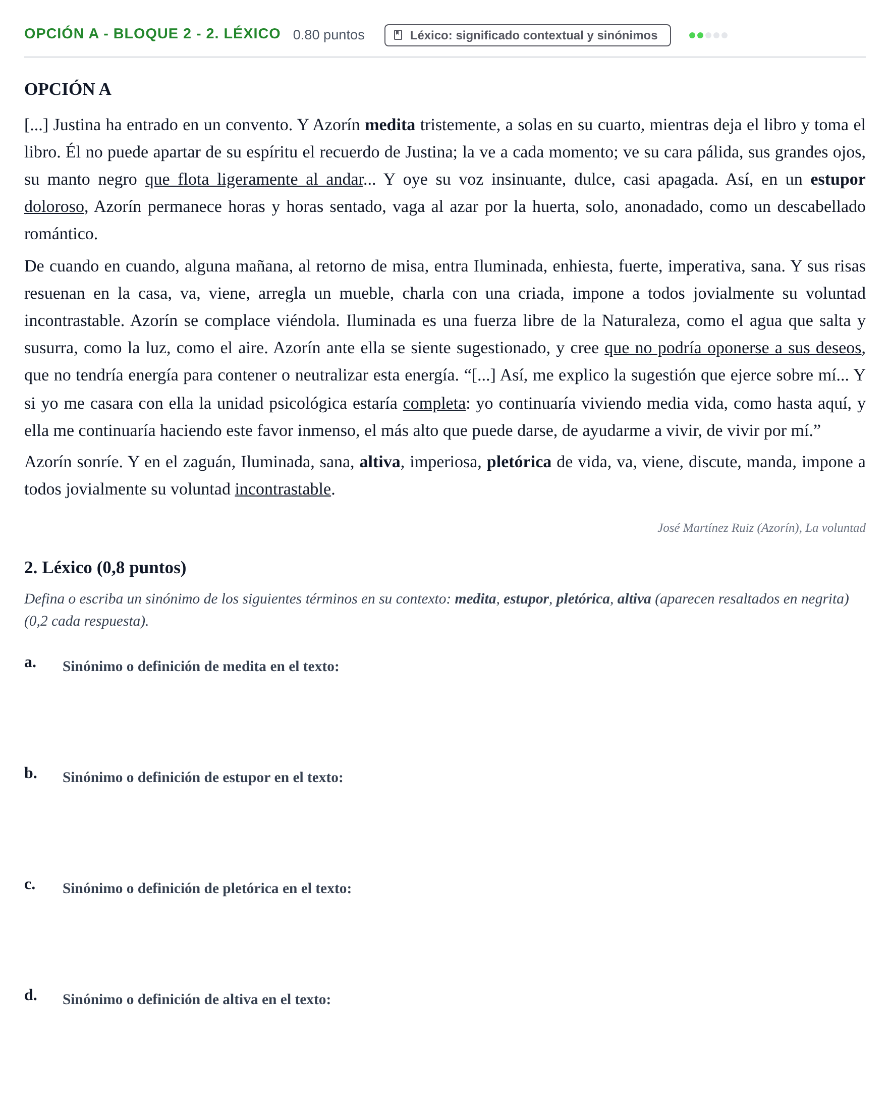 Enunciado: Opción A - Bloque 2 - 2. Léxico · Lengua Castellana y Literatura II PAU Baleares Extraordinaria 2023