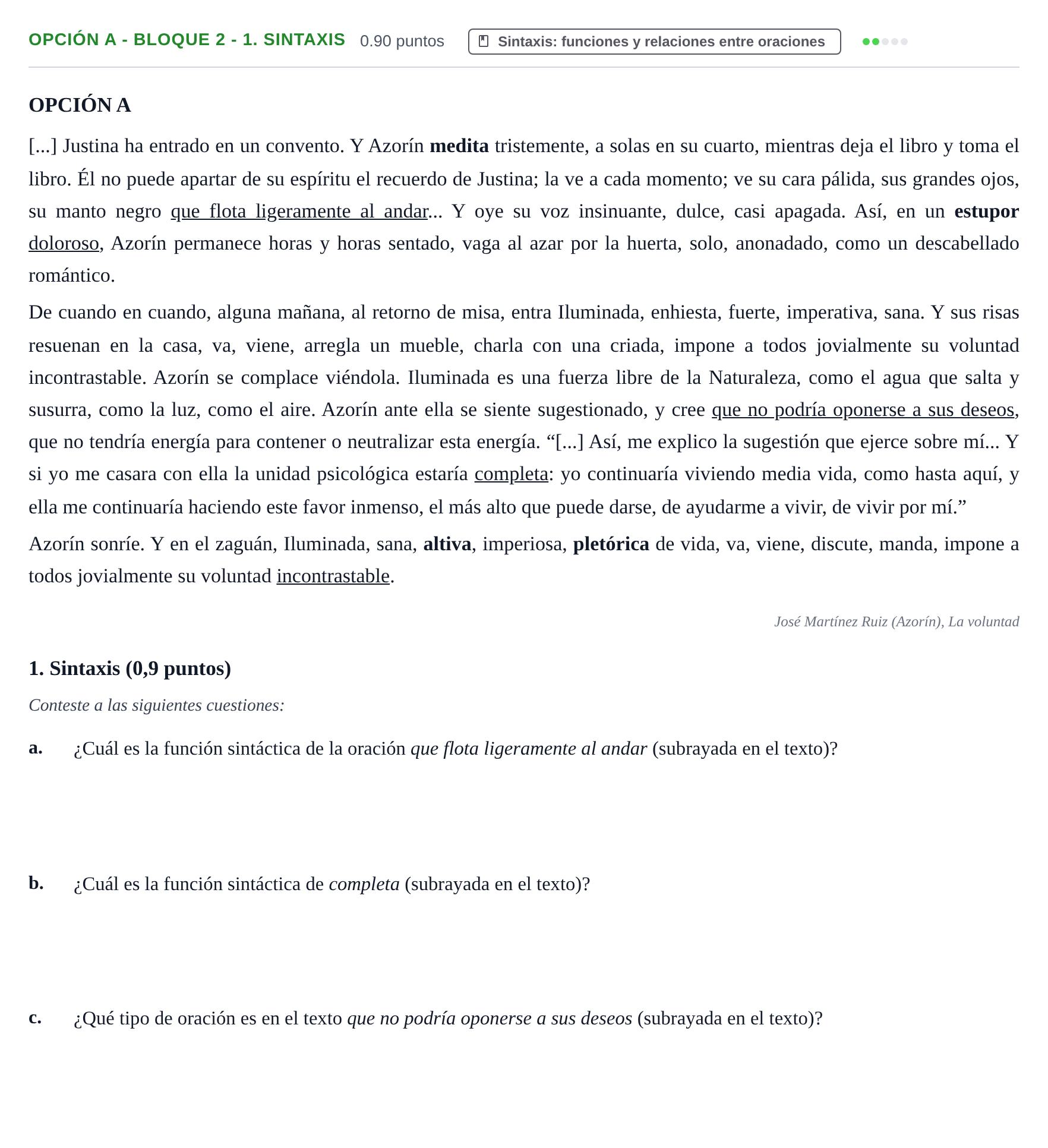 Enunciado: Opción A - Bloque 2 - 1. Sintaxis · Lengua Castellana y Literatura II PAU Baleares Extraordinaria 2023