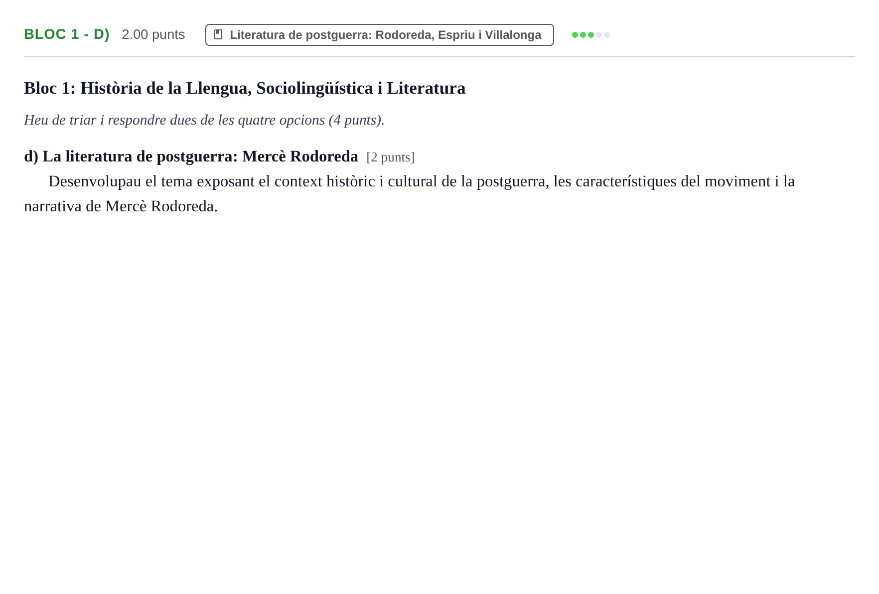 Enunciado: Ejercicio Bloc 1 - d) · Lengua Catalana y Literatura II PAU Baleares Extraordinaria 2023