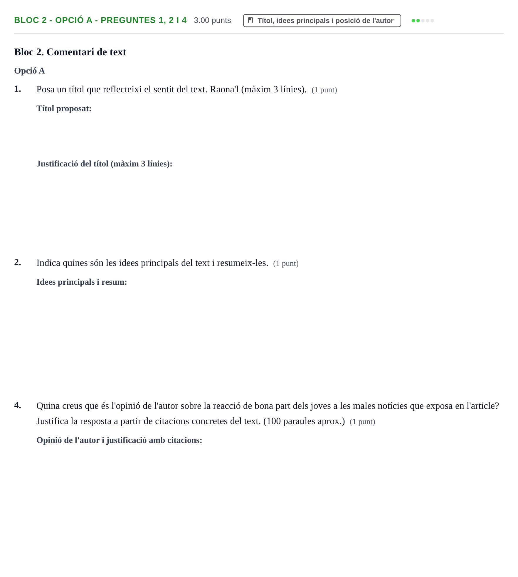 Enunciado: Ejercicio Bloc 2 - Opció A - Preguntes 1, 2 i 4 · Lengua Catalana y Literatura II PAU Baleares Extraordinaria 2023