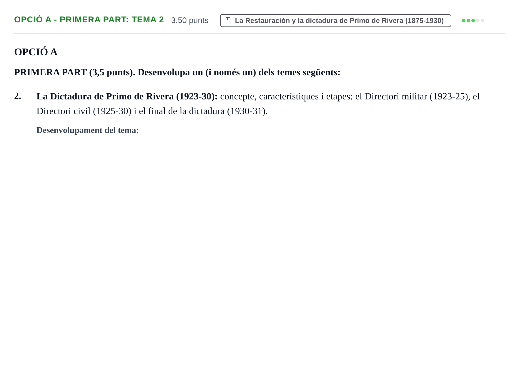 Enunciado: Ejercicio Opció A - Primera Part: Tema 2 · Historia de España PAU Baleares Extraordinaria 2023