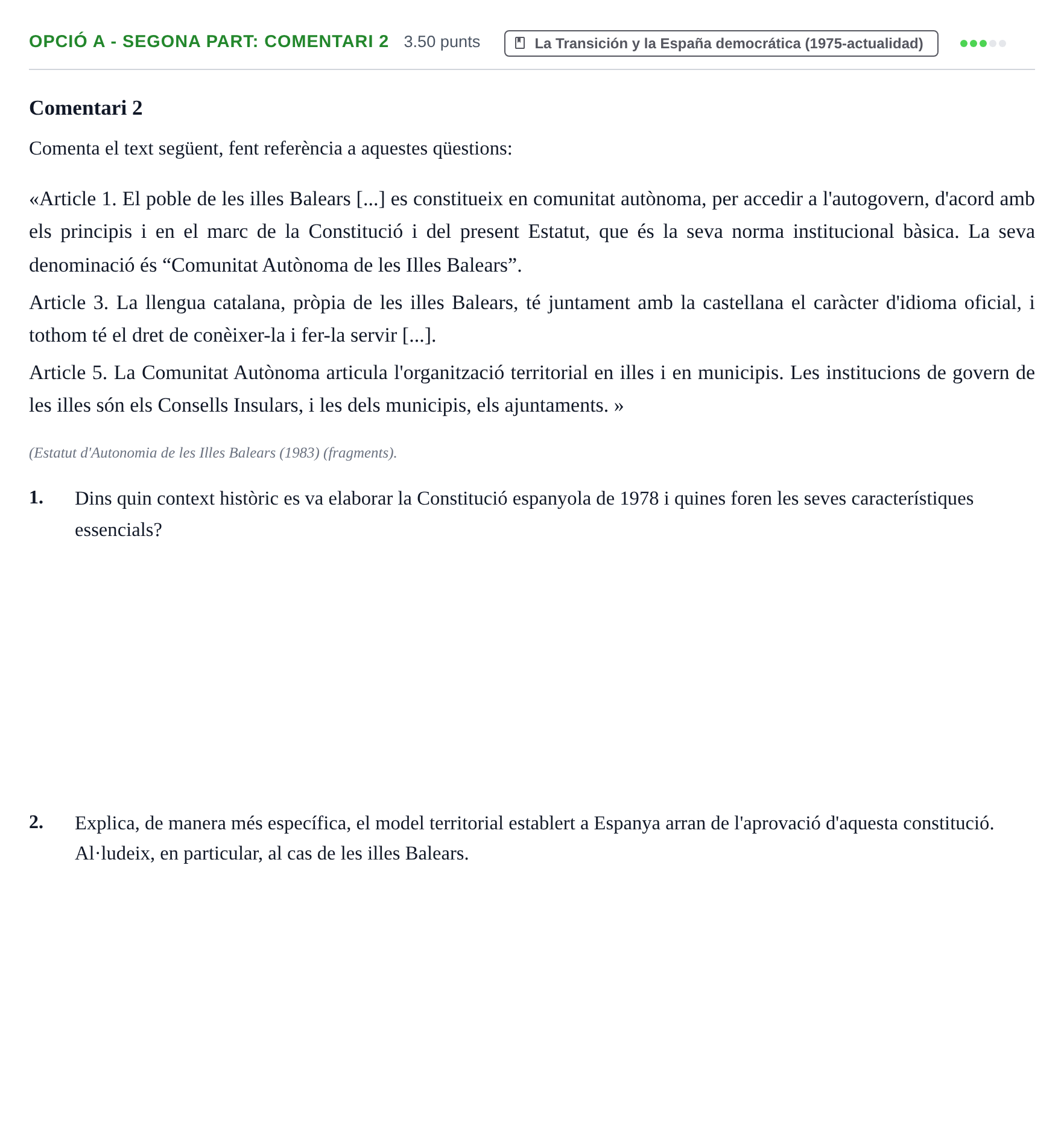 Enunciado: Ejercicio Opció A - Segona Part: Comentari 2 · Historia de España PAU Baleares Extraordinaria 2023