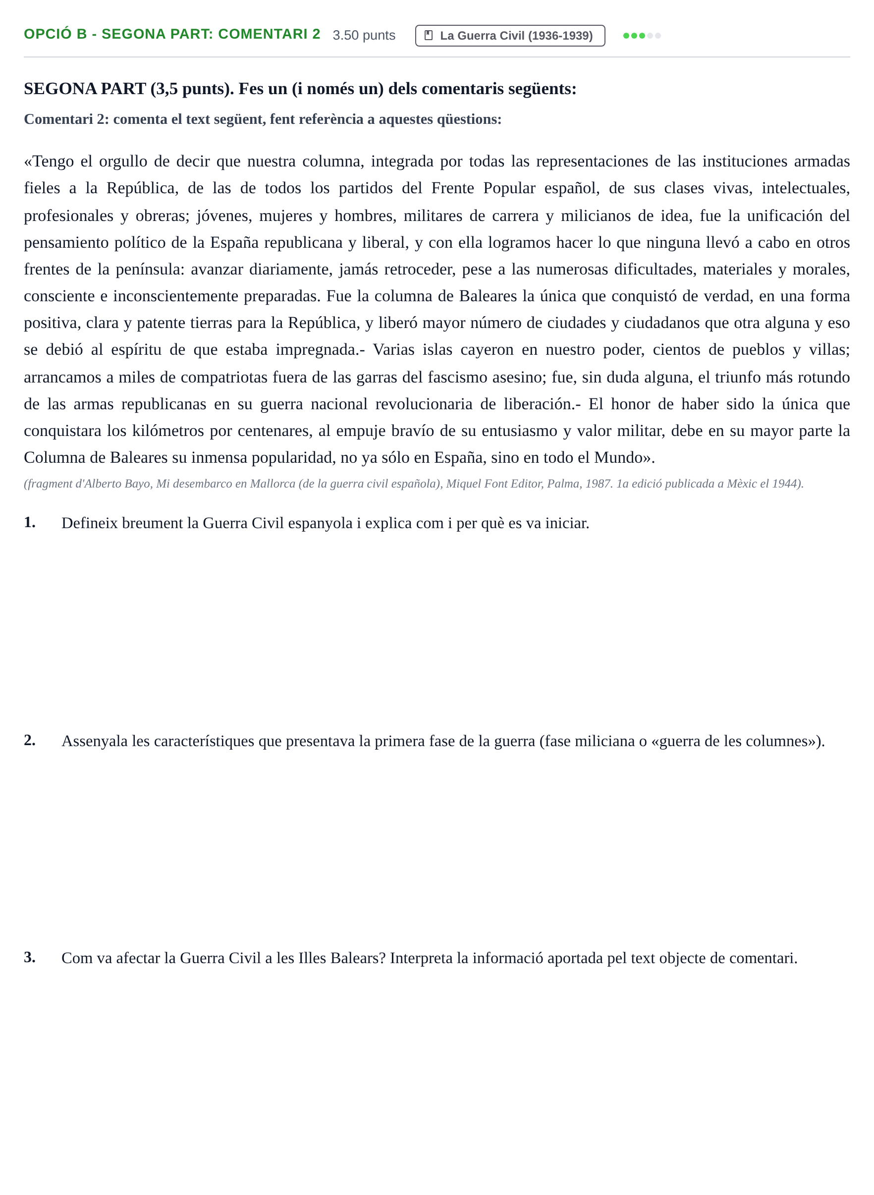 Enunciado: Ejercicio Opció B - Segona Part: Comentari 2 · Historia de España PAU Baleares Extraordinaria 2023