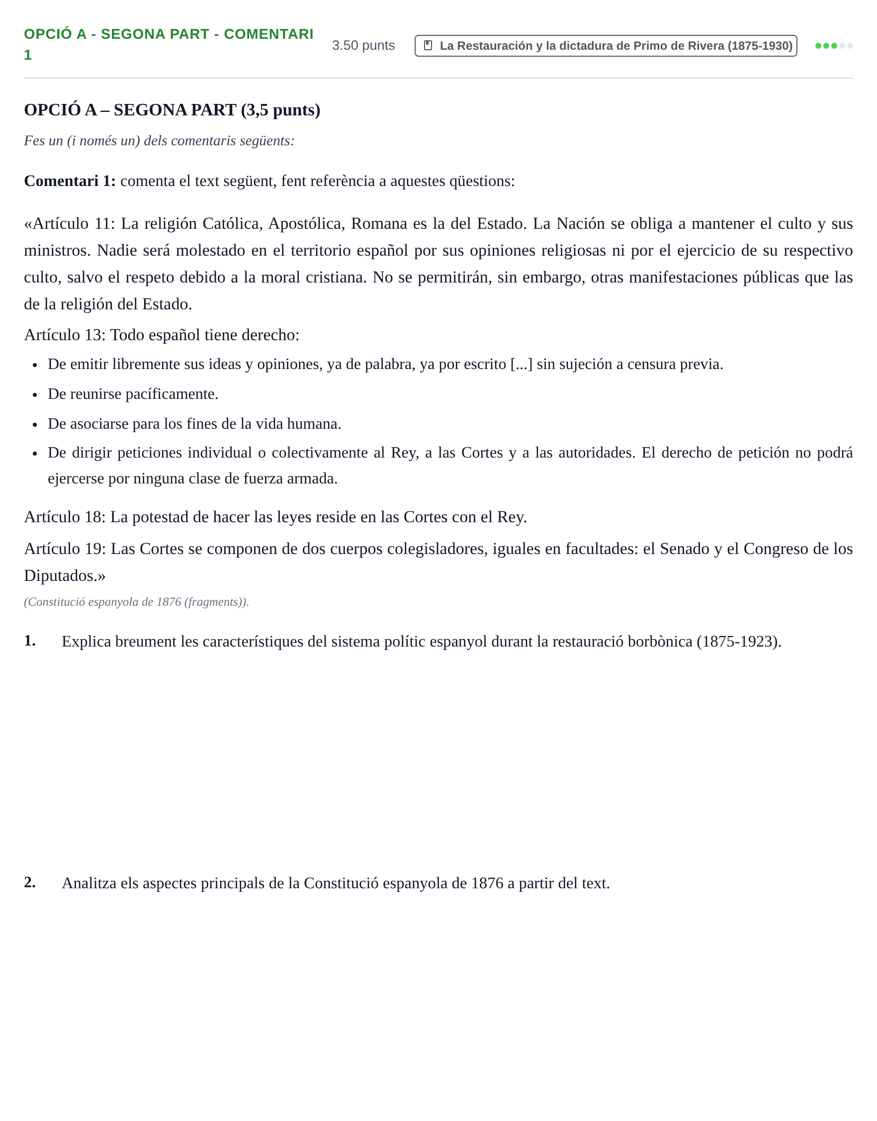 Enunciado: Ejercicio Opció A - Segona part - Comentari 1 · Historia de España PAU Baleares Ordinaria 2023
