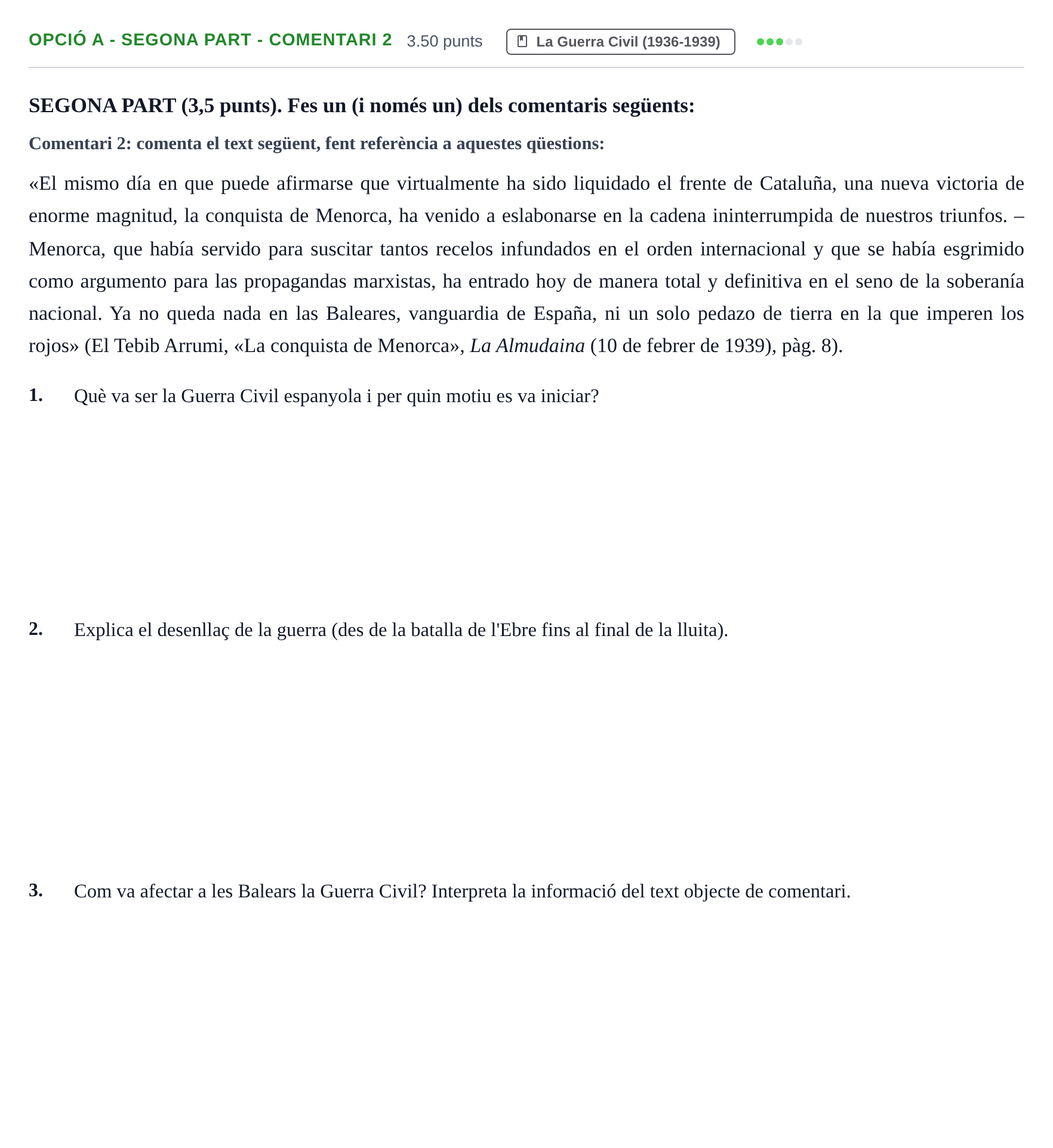 Enunciado: Ejercicio Opció A - Segona part - Comentari 2 · Historia de España PAU Baleares Ordinaria 2023
