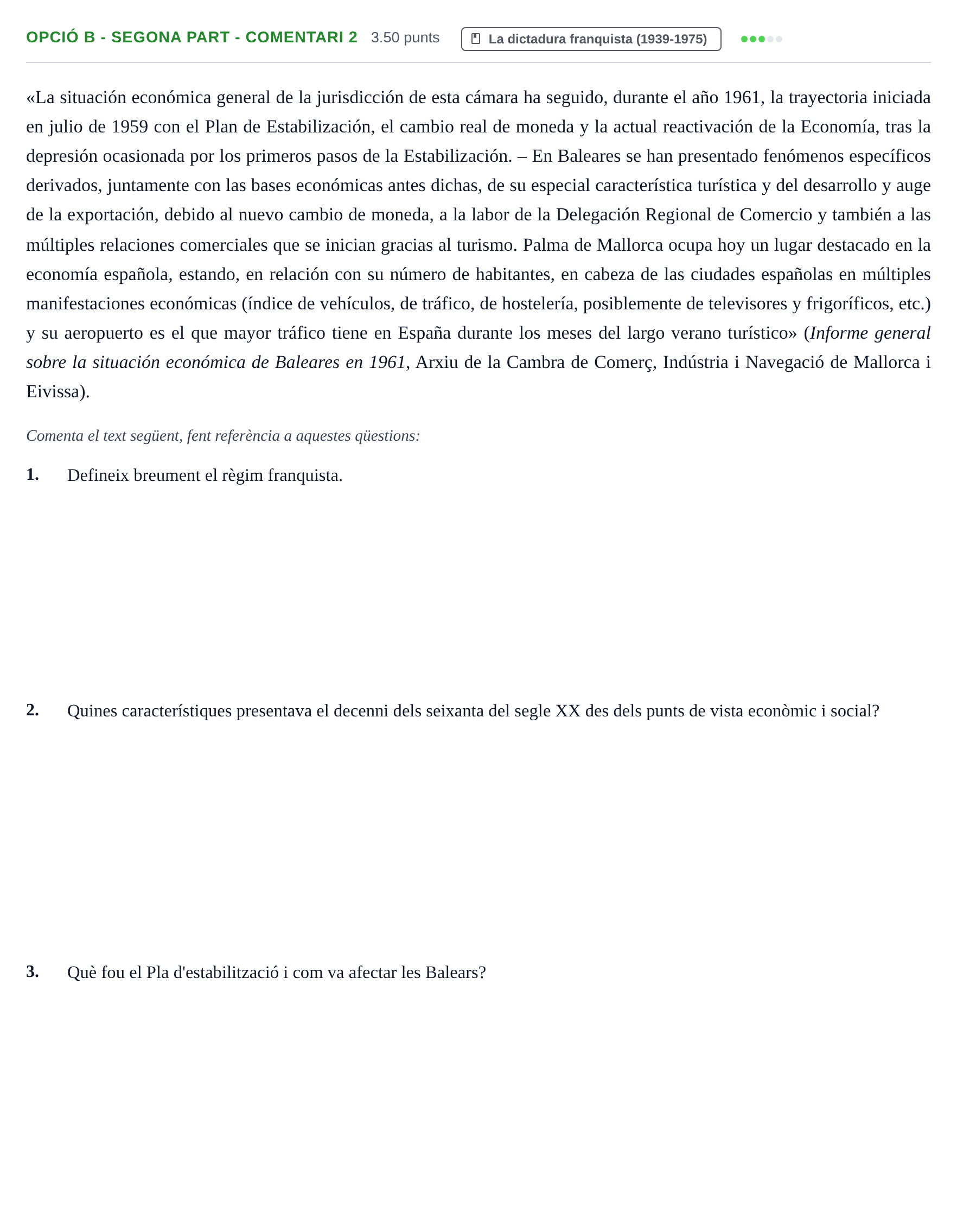 Enunciado: Ejercicio Opció B - Segona part - Comentari 2 · Historia de España PAU Baleares Ordinaria 2023