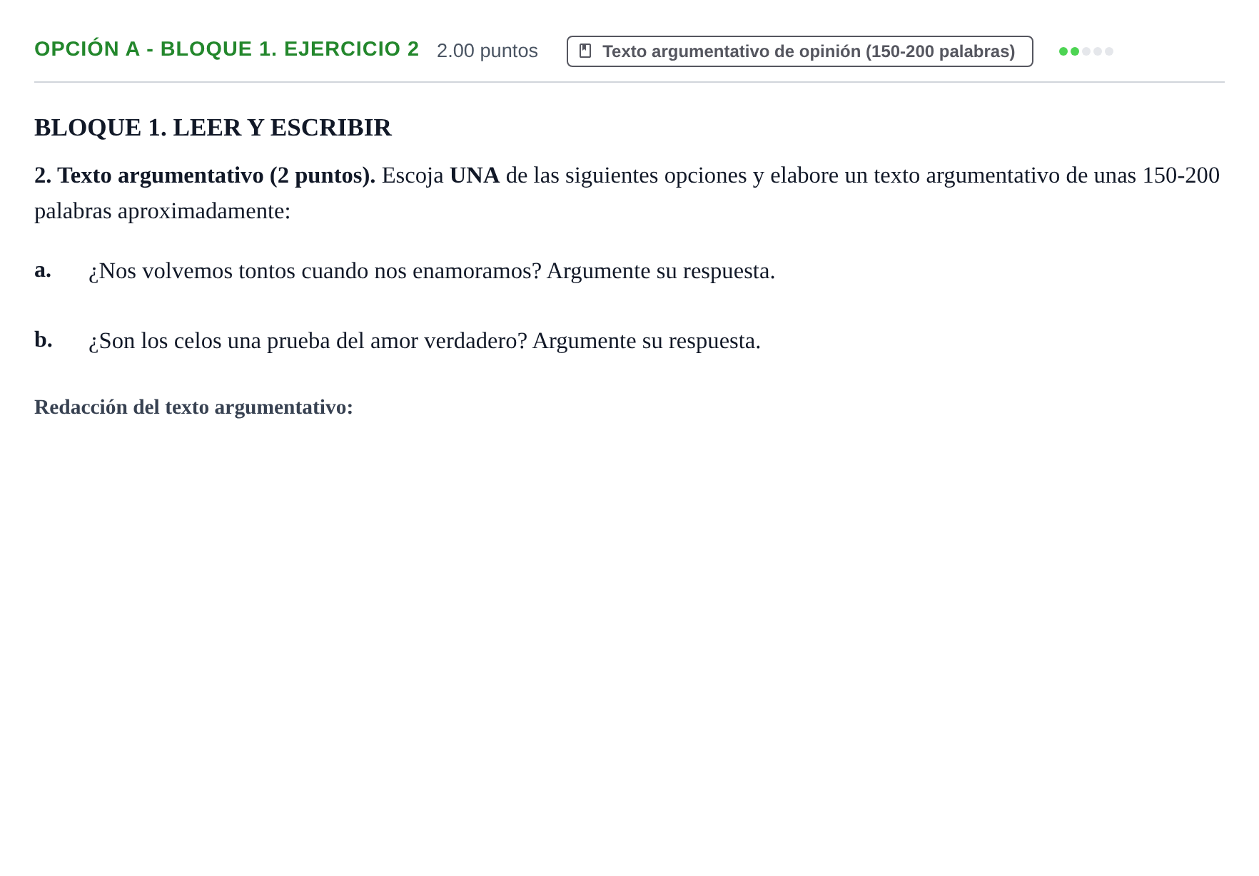 Enunciado: Opción A - Bloque 1. Ejercicio 2 · Lengua Castellana y Literatura II PAU Baleares Ordinaria 2023