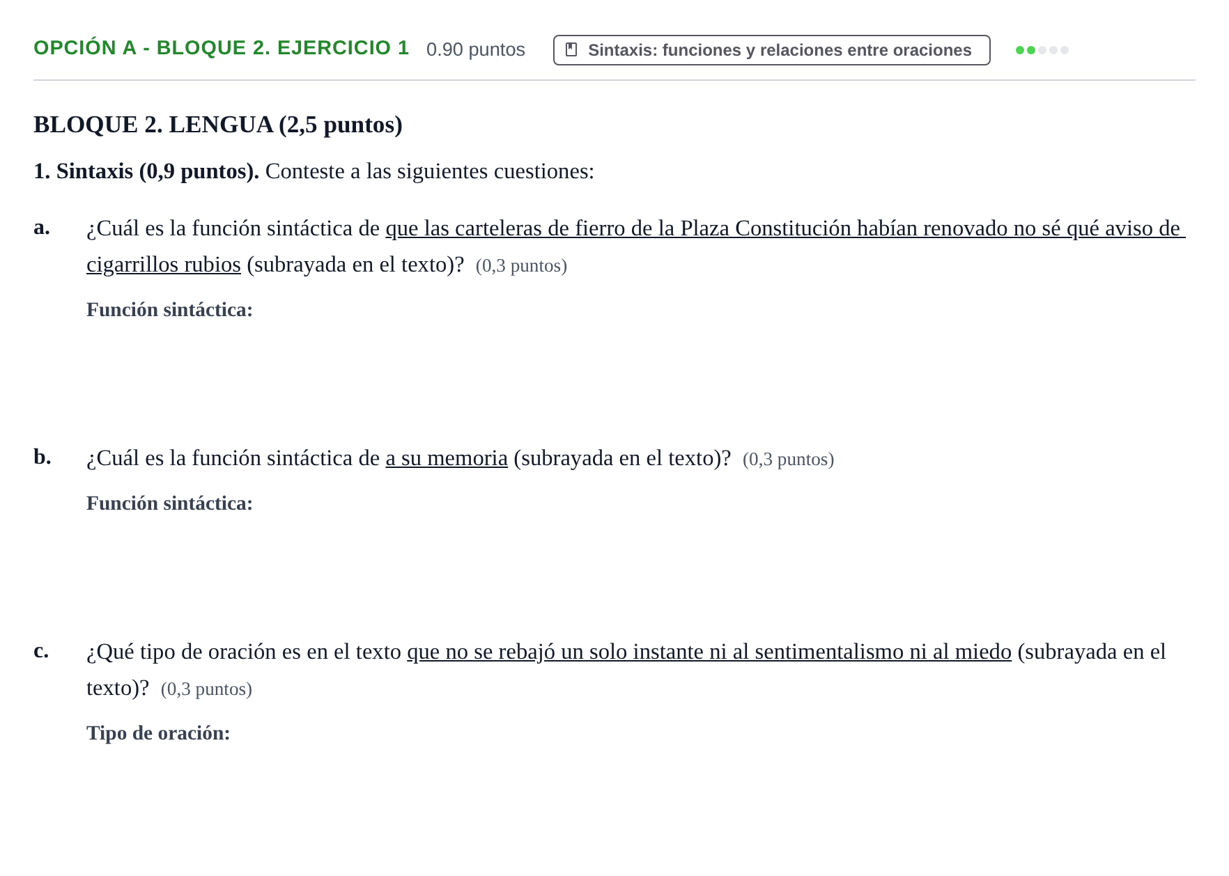 Enunciado: Opción A - Bloque 2. Ejercicio 1 · Lengua Castellana y Literatura II PAU Baleares Ordinaria 2023