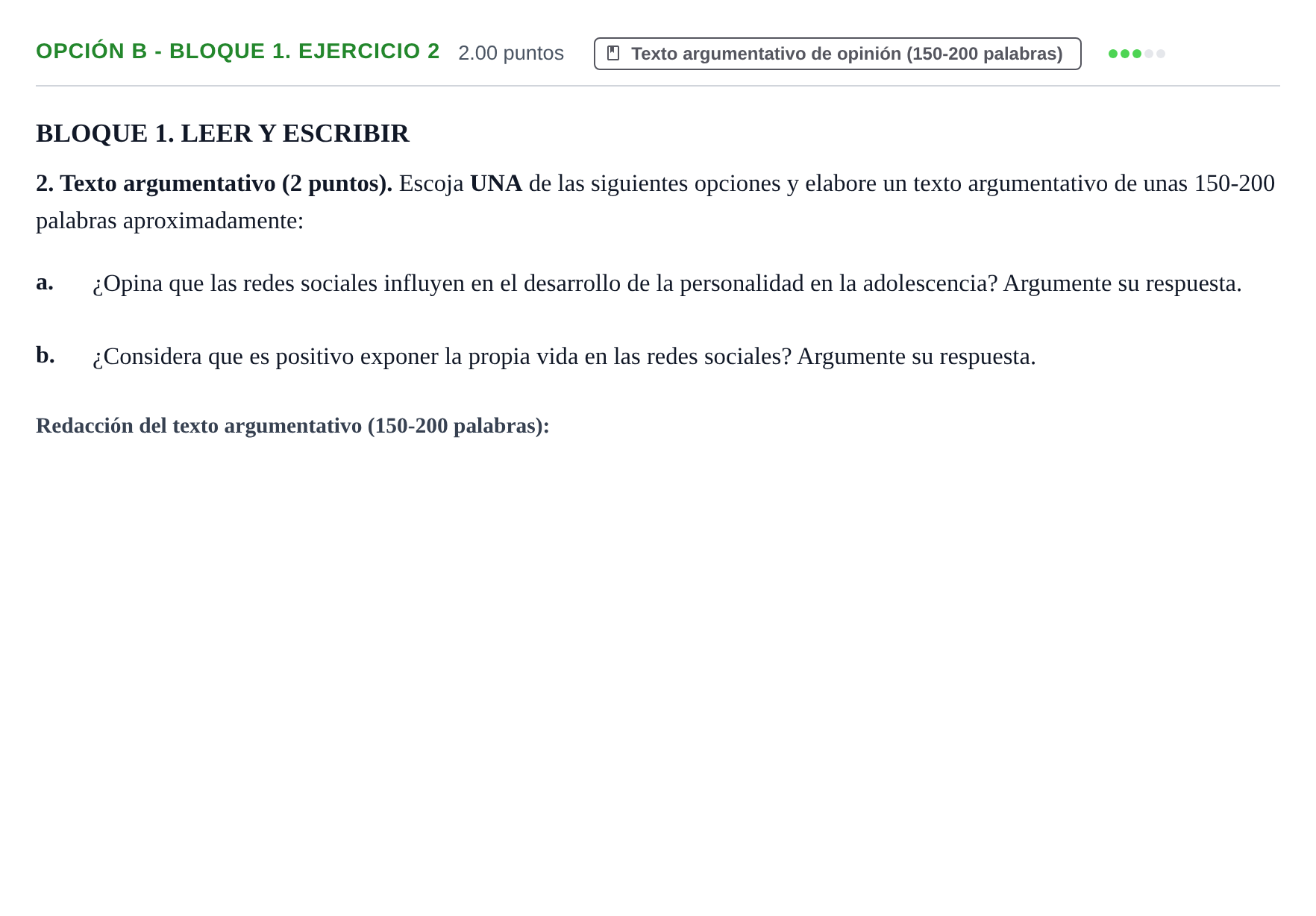 Enunciado: Opción B - Bloque 1. Ejercicio 2 · Lengua Castellana y Literatura II PAU Baleares Ordinaria 2023