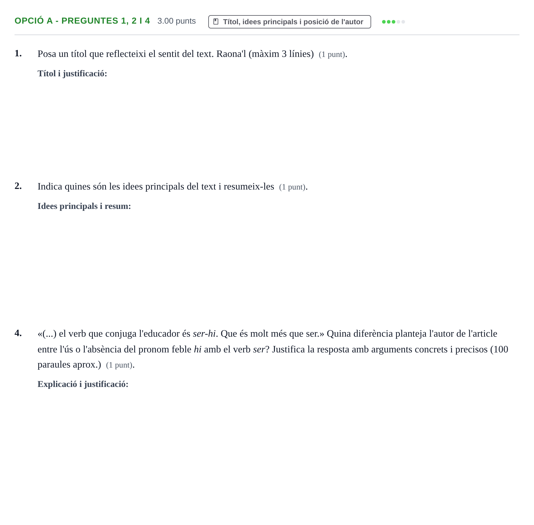 Enunciado: Ejercicio Opció A - Preguntes 1, 2 i 4 · Lengua Catalana y Literatura II PAU Baleares Ordinaria 2023