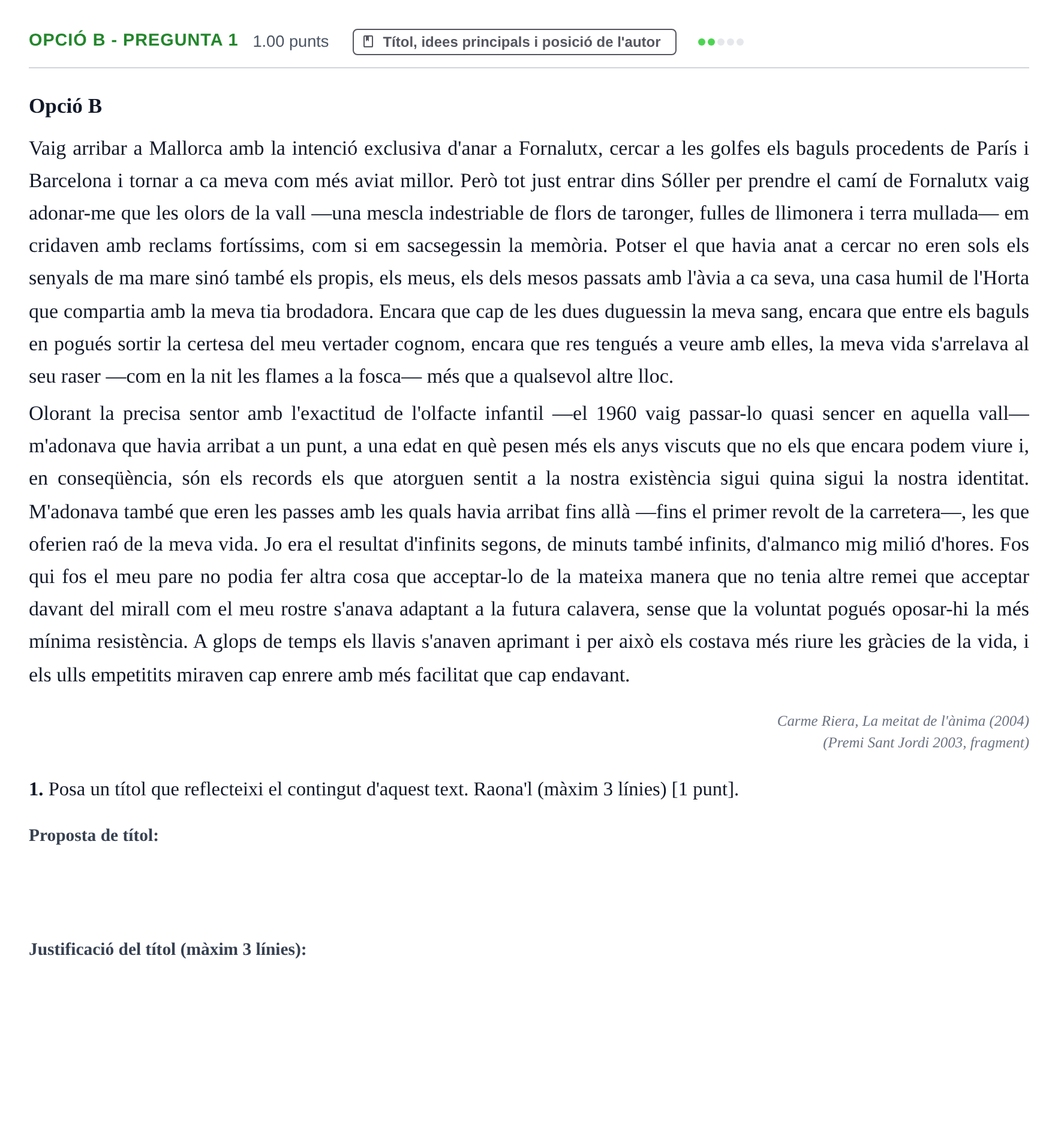 Enunciado: Ejercicio Opció B - Pregunta 1 · Lengua Catalana y Literatura II PAU Baleares Ordinaria 2023