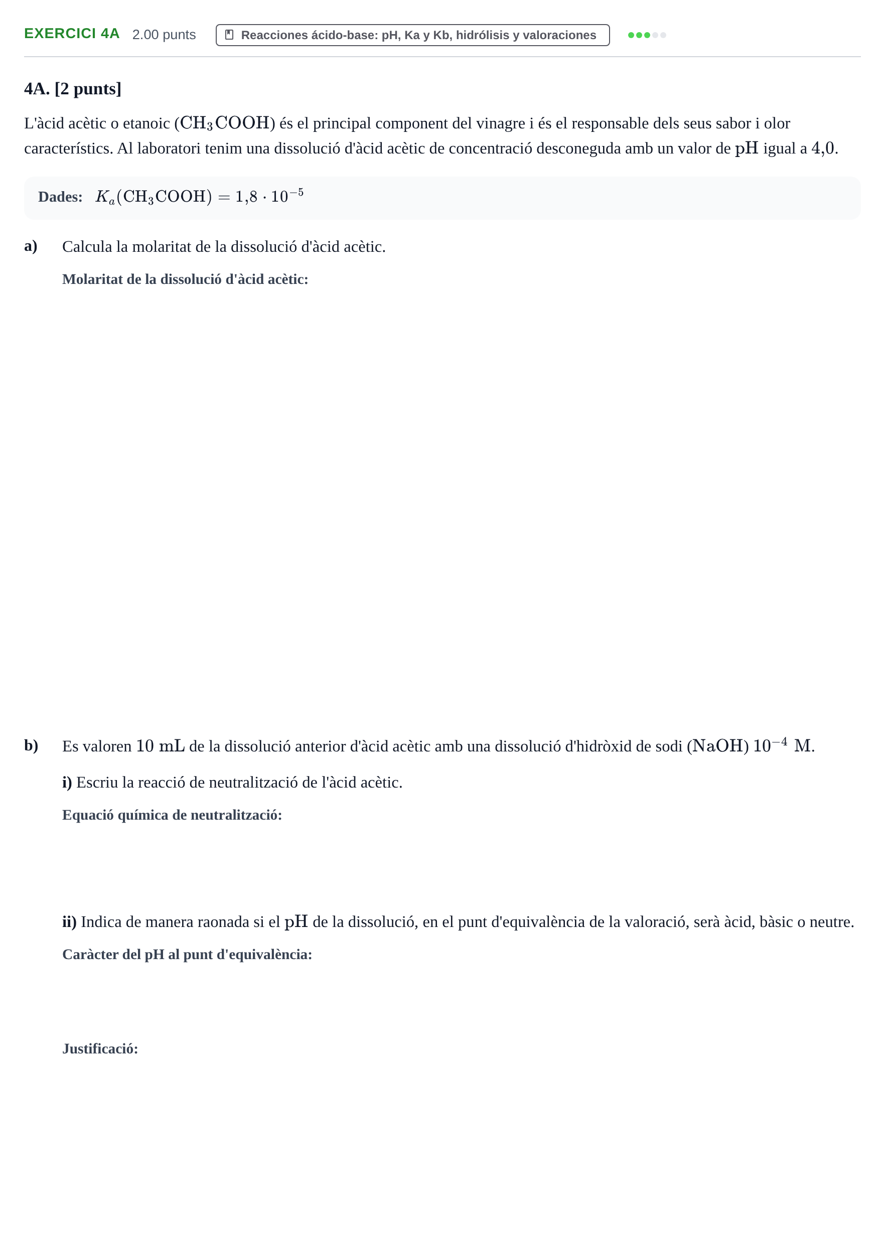 Enunciado: Ejercicio 4A · Química PAU Baleares Extraordinaria 2023