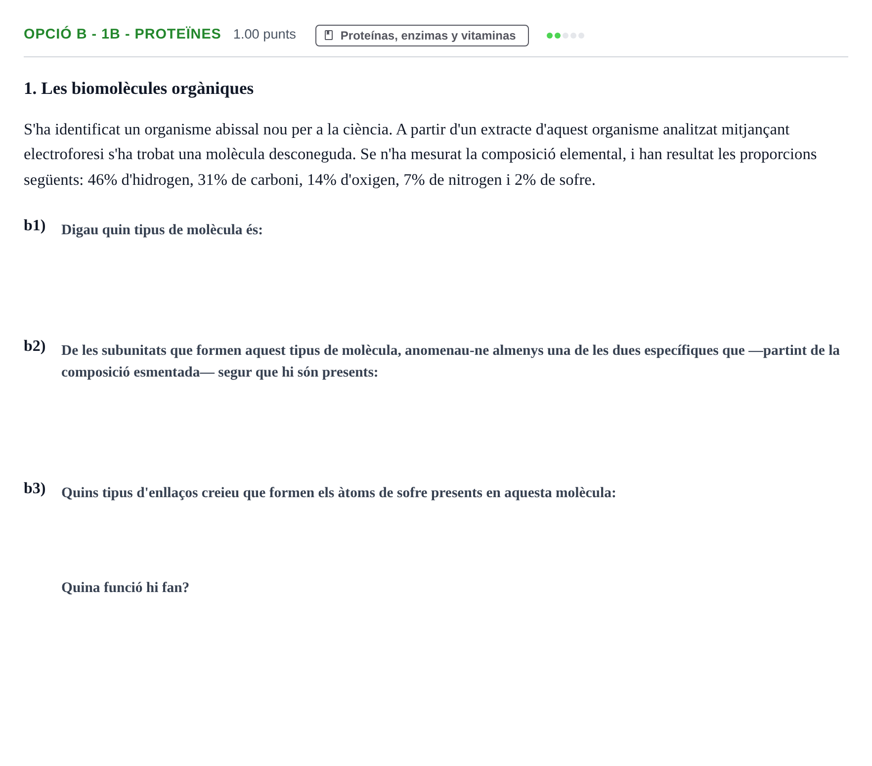 Enunciado: Ejercicio Opció B - 1b - Proteïnes · Biología PAU Baleares Extraordinaria 2022