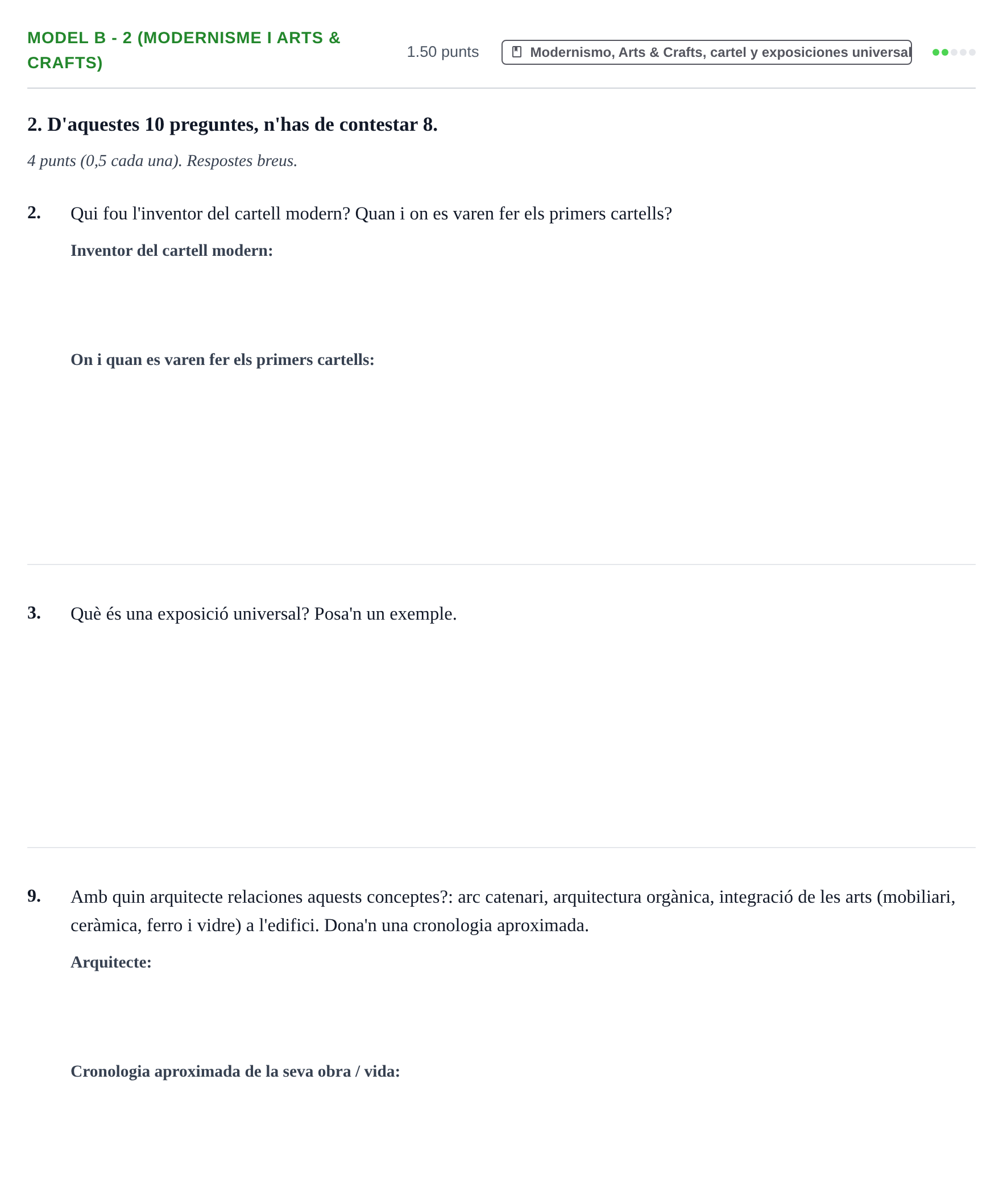 Enunciado: Ejercicio Model B - 2 (Modernisme i Arts & Crafts) · Fundamentos Artísticos PAU Baleares Extraordinaria 2022