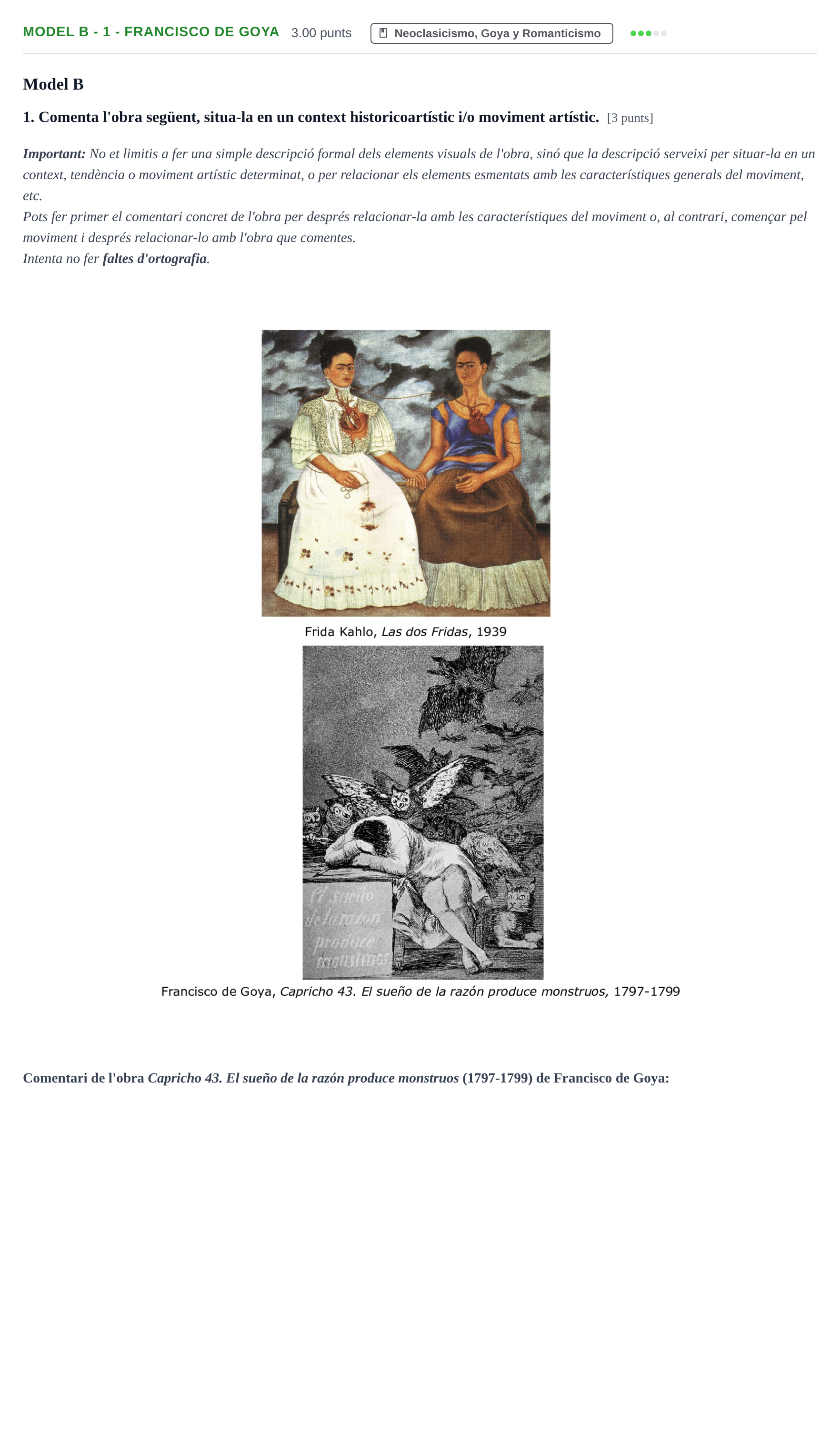 Enunciado: Ejercicio Model B - 1 - Francisco de Goya · Fundamentos Artísticos PAU Baleares Ordinaria 2022