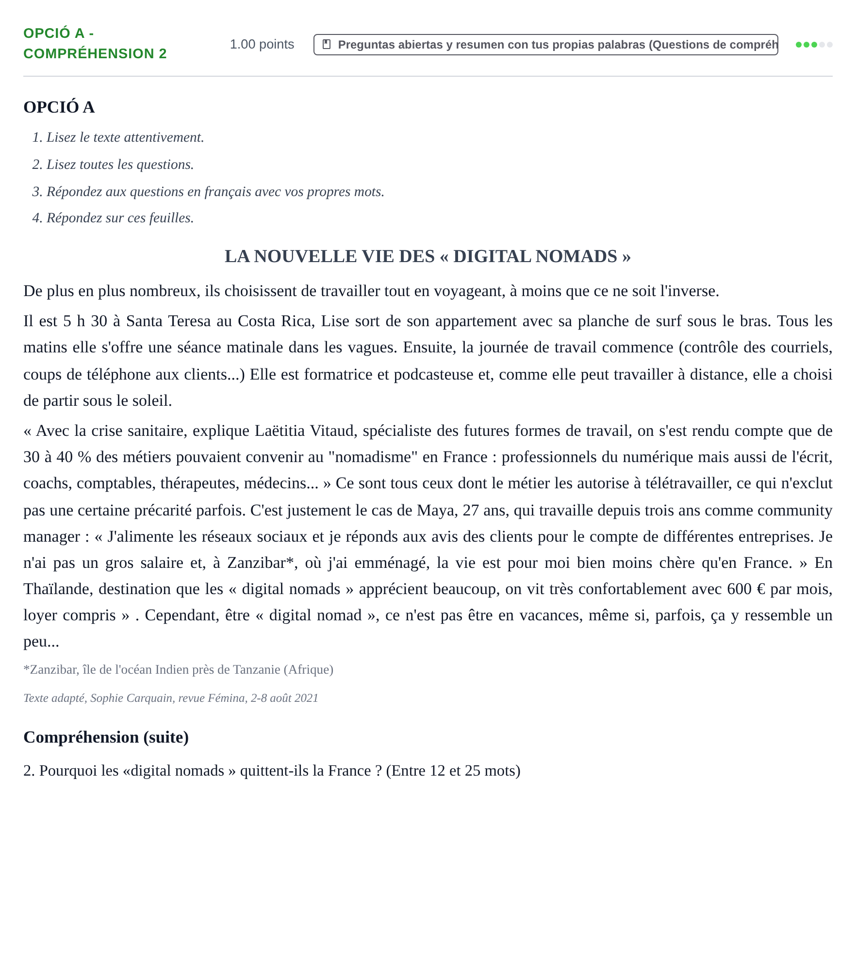 Enunciado: Ejercicio Opció A - Compréhension 2 · Francés PAU Baleares Extraordinaria 2022