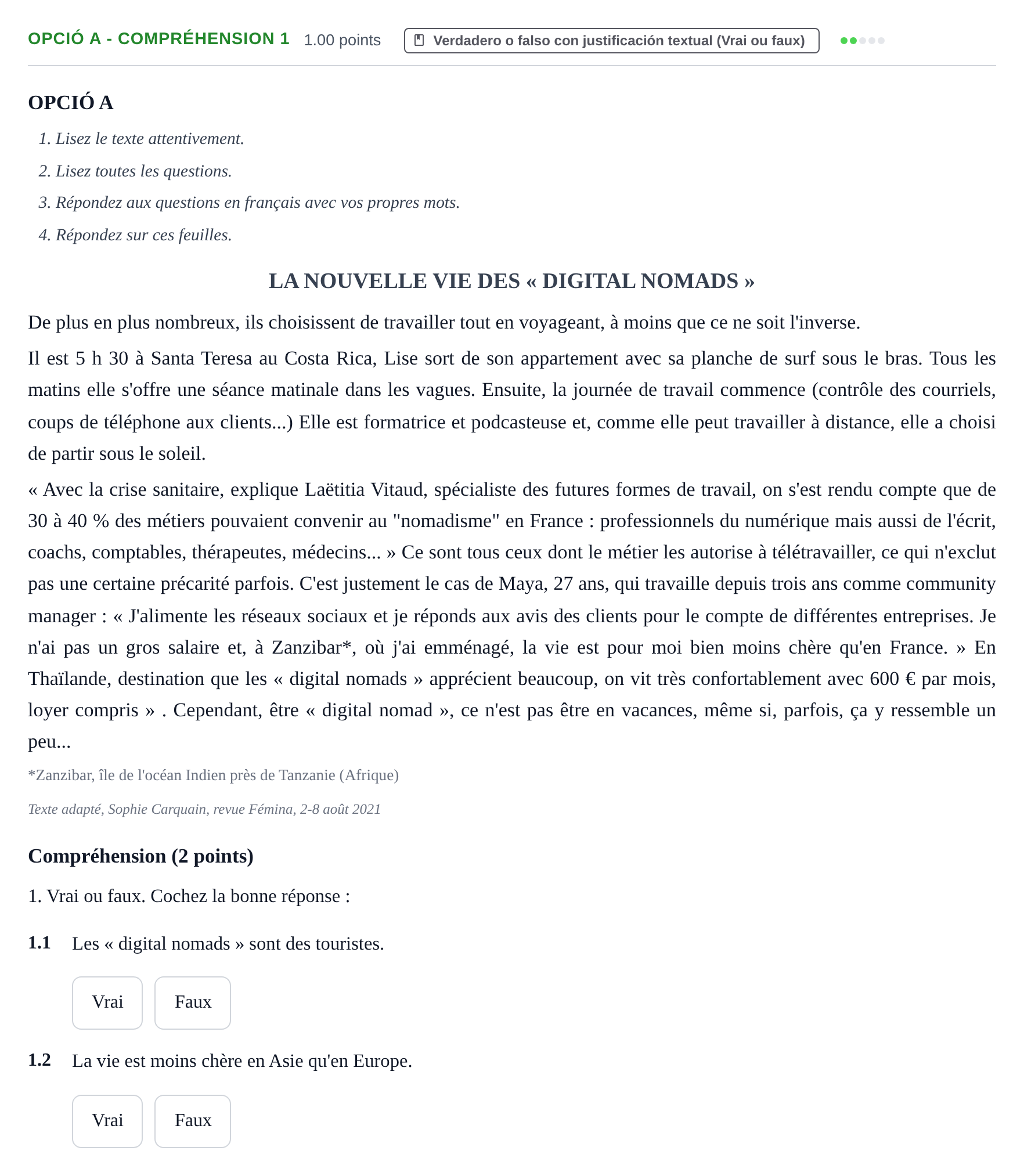 Enunciado: Ejercicio Opció A - Compréhension 1 · Francés PAU Baleares Extraordinaria 2022