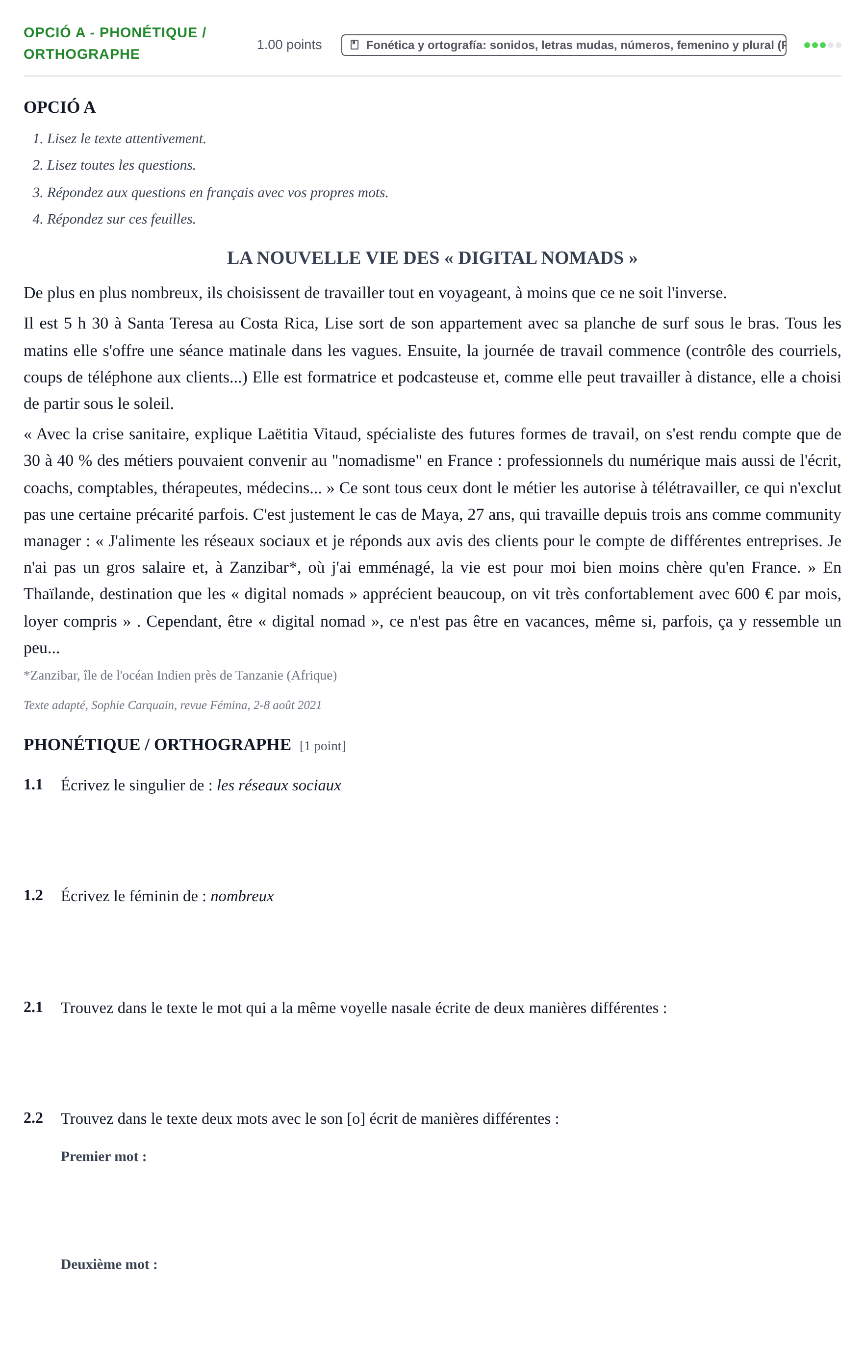 Enunciado: Ejercicio Opció A - Phonétique / Orthographe · Francés PAU Baleares Extraordinaria 2022