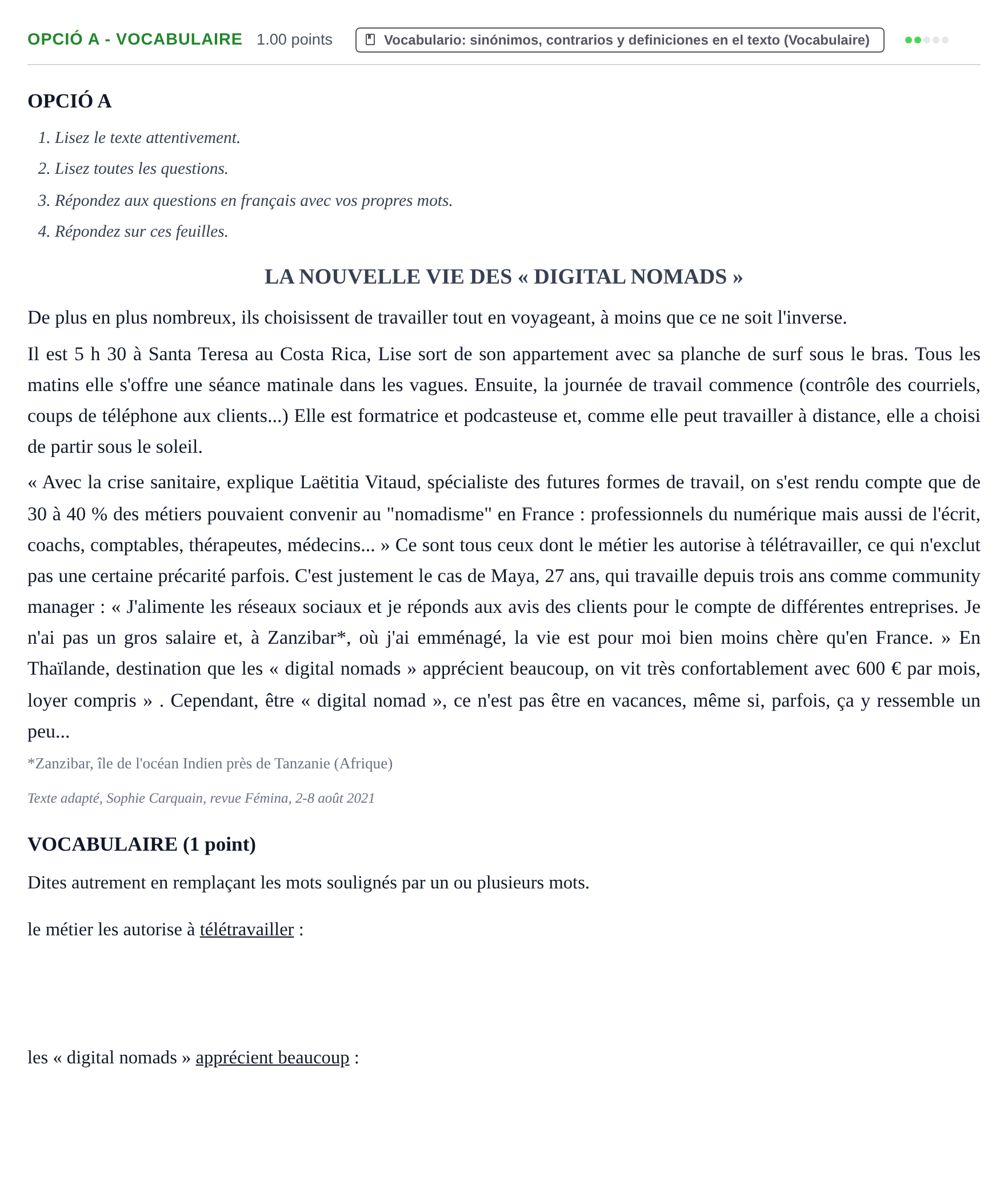 Enunciado: Ejercicio Opció A - Vocabulaire · Francés PAU Baleares Extraordinaria 2022