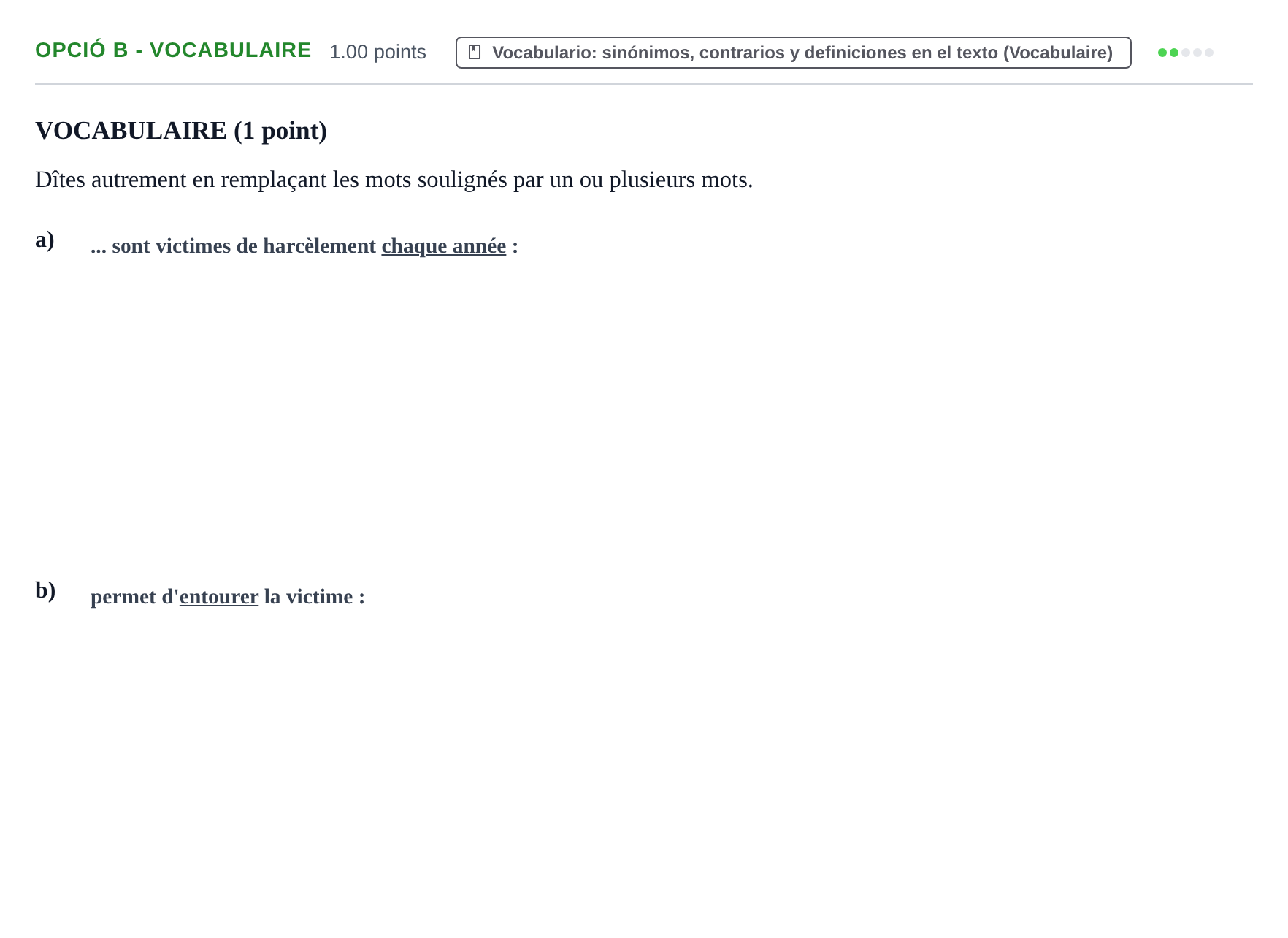 Enunciado: Ejercicio Opció B - Vocabulaire · Francés PAU Baleares Extraordinaria 2022