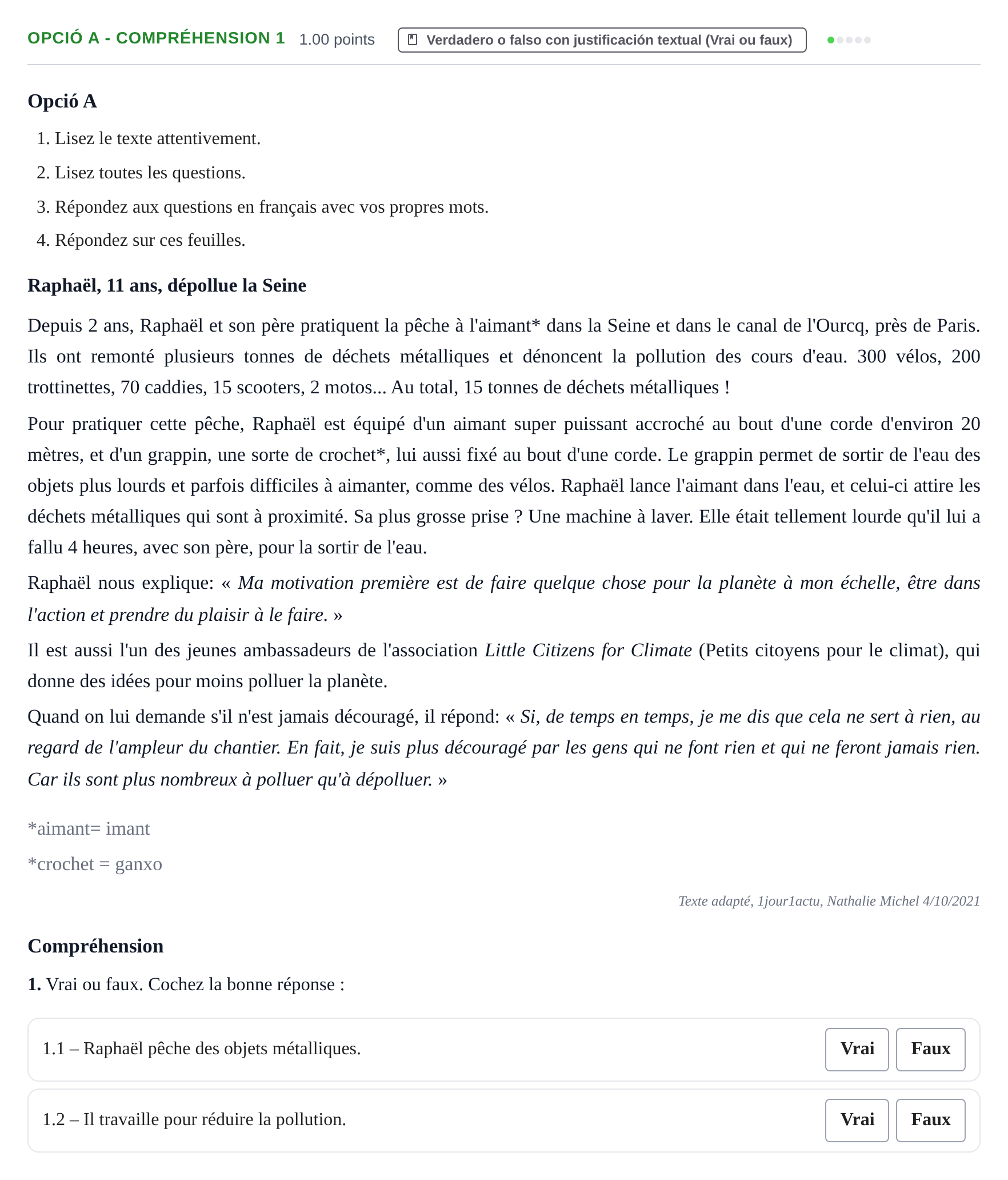 Enunciado: Ejercicio Opció A - Compréhension 1 · Francés PAU Baleares Ordinaria 2022