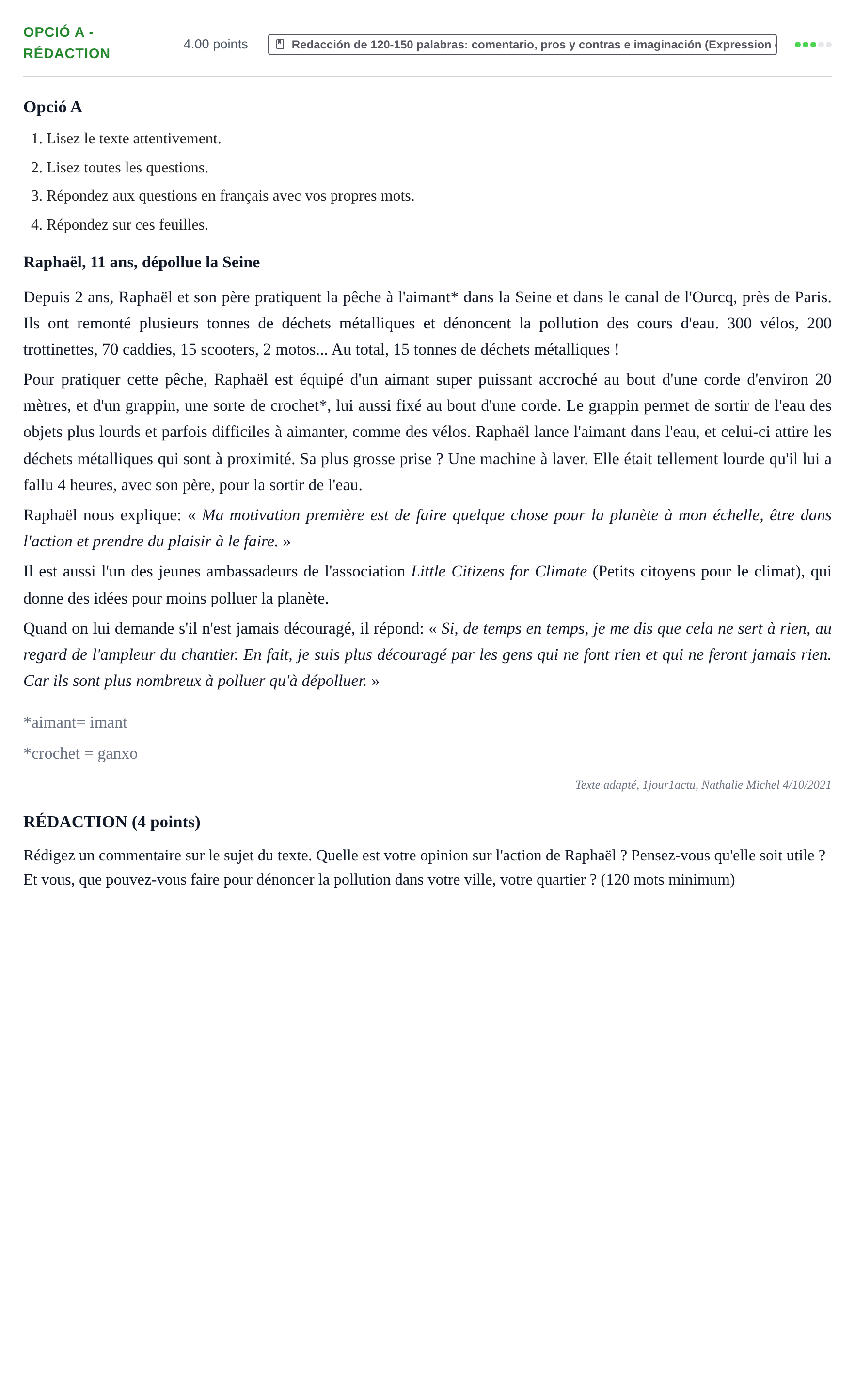Enunciado: Ejercicio Opció A - Rédaction · Francés PAU Baleares Ordinaria 2022