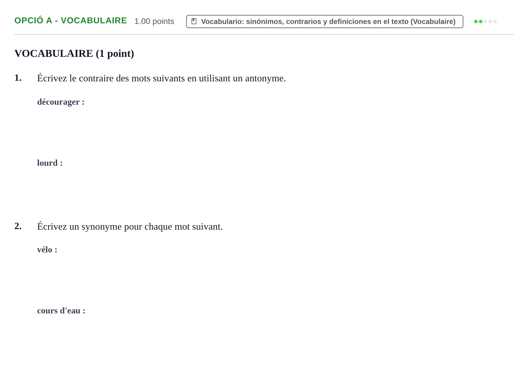 Enunciado: Ejercicio Opció A - Vocabulaire · Francés PAU Baleares Ordinaria 2022