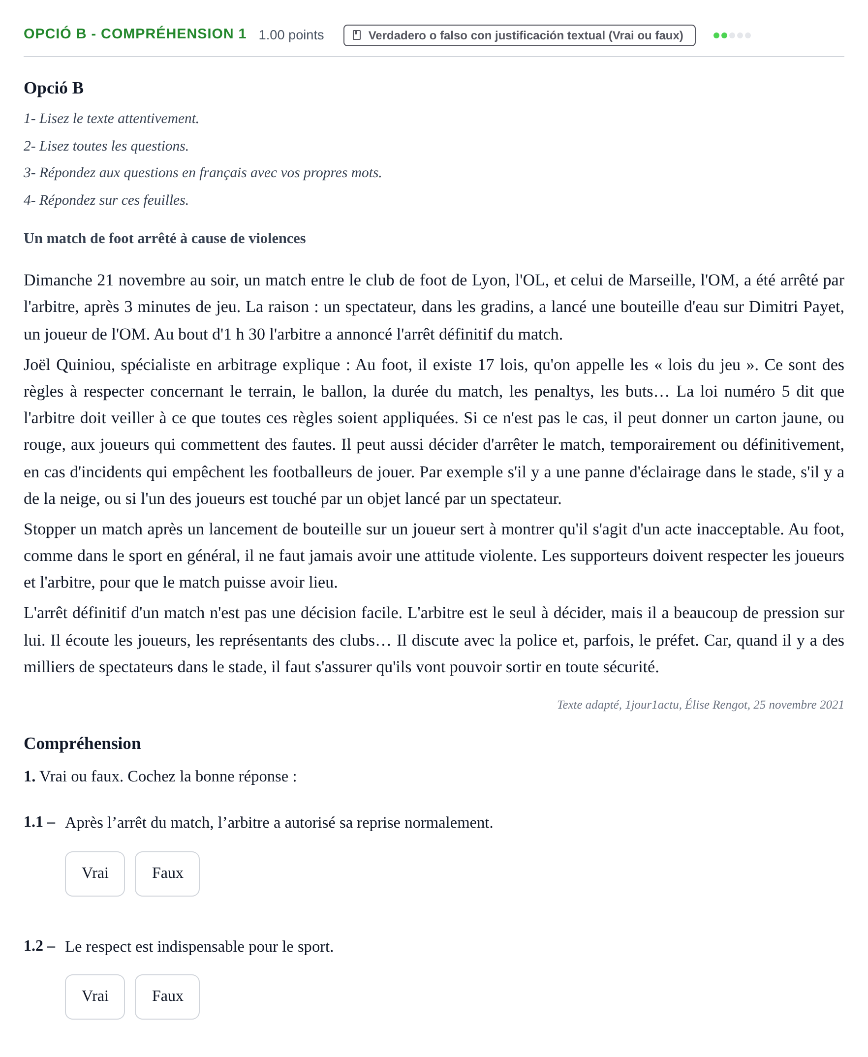 Enunciado: Ejercicio Opció B - Compréhension 1 · Francés PAU Baleares Ordinaria 2022