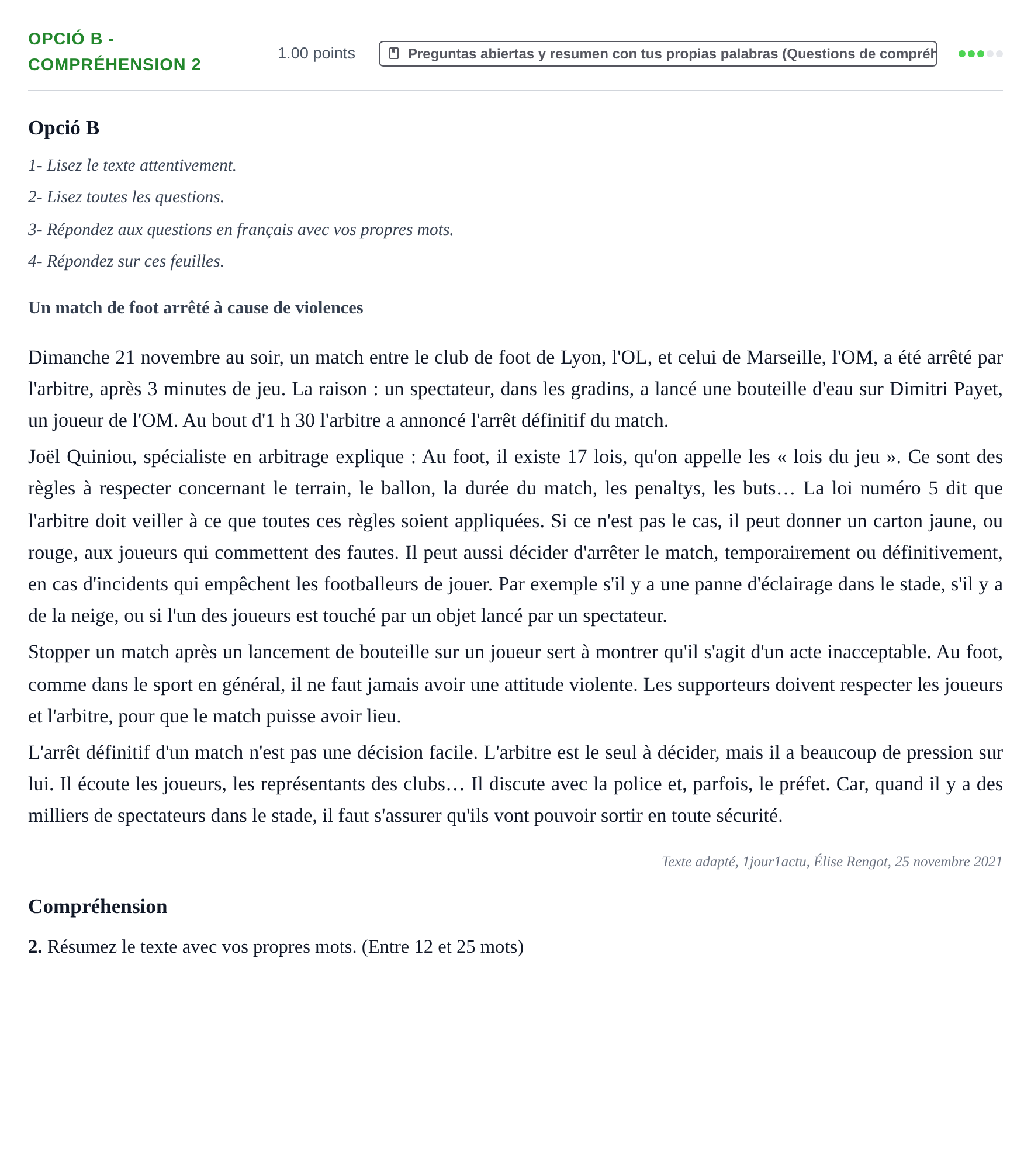 Enunciado: Ejercicio Opció B - Compréhension 2 · Francés PAU Baleares Ordinaria 2022
