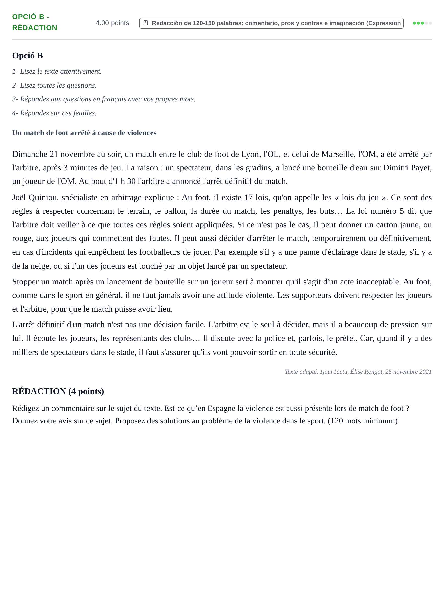 Enunciado: Ejercicio Opció B - Rédaction · Francés PAU Baleares Ordinaria 2022