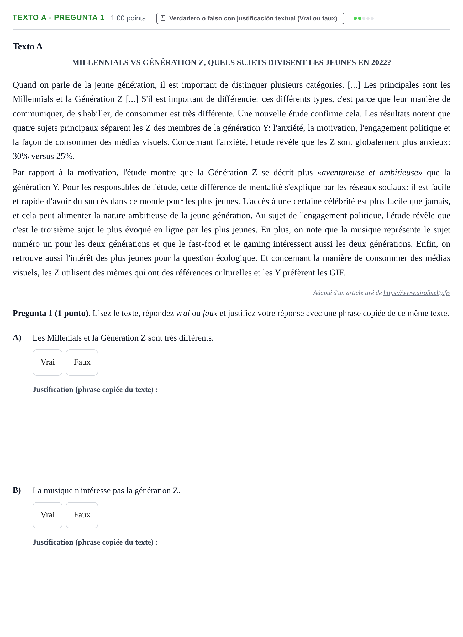 Enunciado: Ejercicio Texto A - Pregunta 1 · Francés PAU La Rioja Extraordinaria 2023