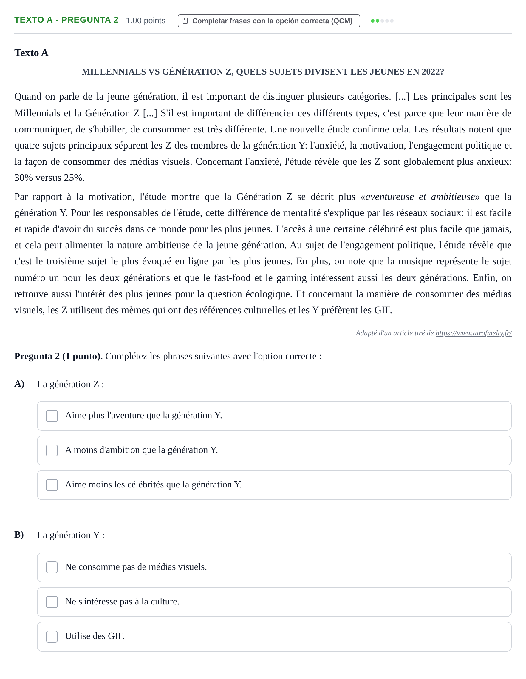Enunciado: Ejercicio Texto A - Pregunta 2 · Francés PAU La Rioja Extraordinaria 2023