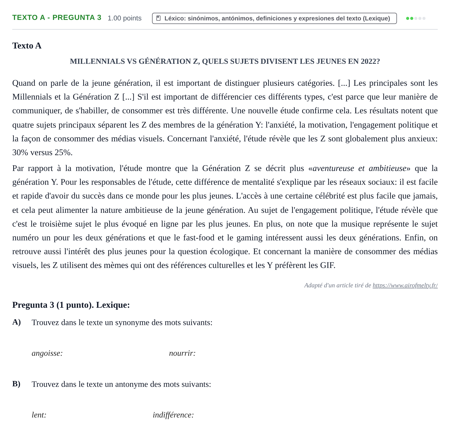 Enunciado: Ejercicio Texto A - Pregunta 3 · Francés PAU La Rioja Extraordinaria 2023