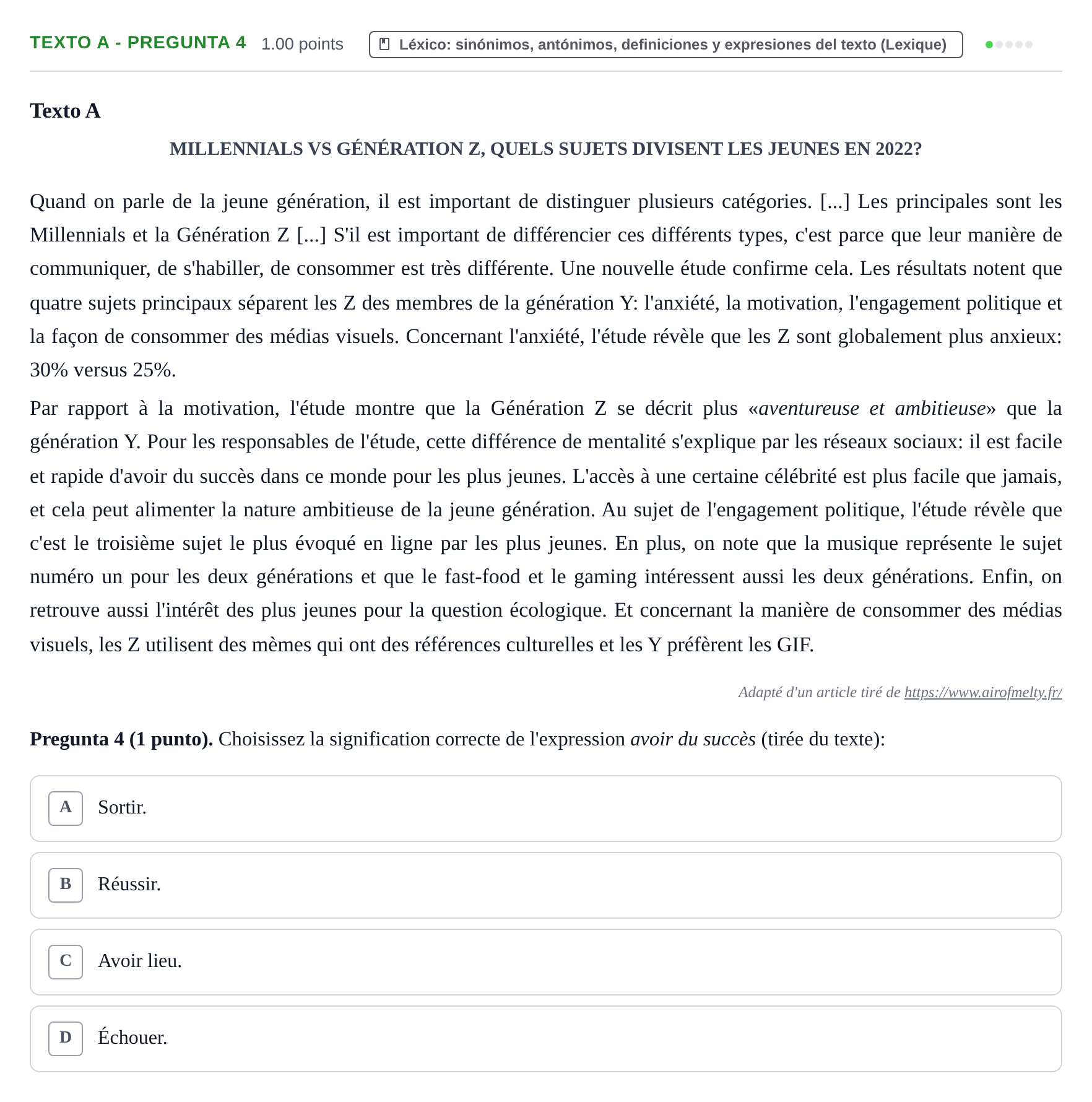 Enunciado: Ejercicio Texto A - Pregunta 4 · Francés PAU La Rioja Extraordinaria 2023