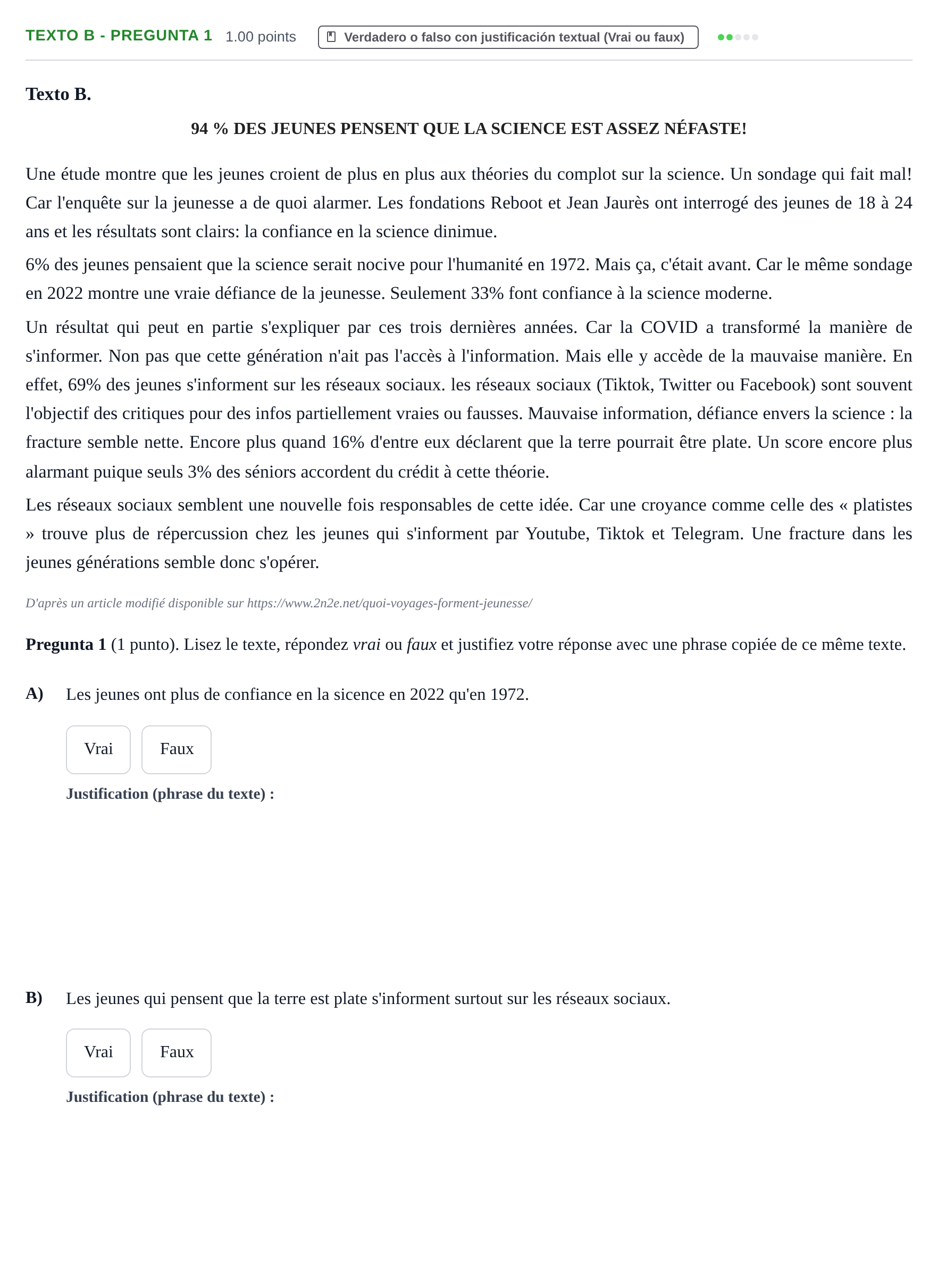 Enunciado: Ejercicio Texto B - Pregunta 1 · Francés PAU La Rioja Extraordinaria 2023