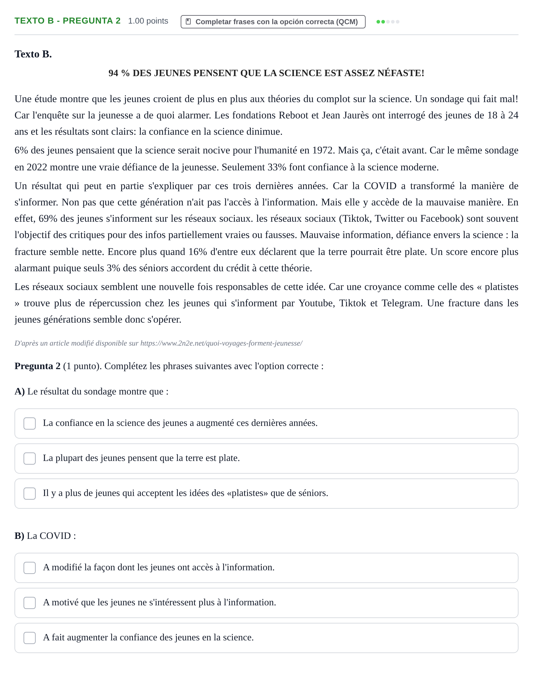Enunciado: Ejercicio Texto B - Pregunta 2 · Francés PAU La Rioja Extraordinaria 2023
