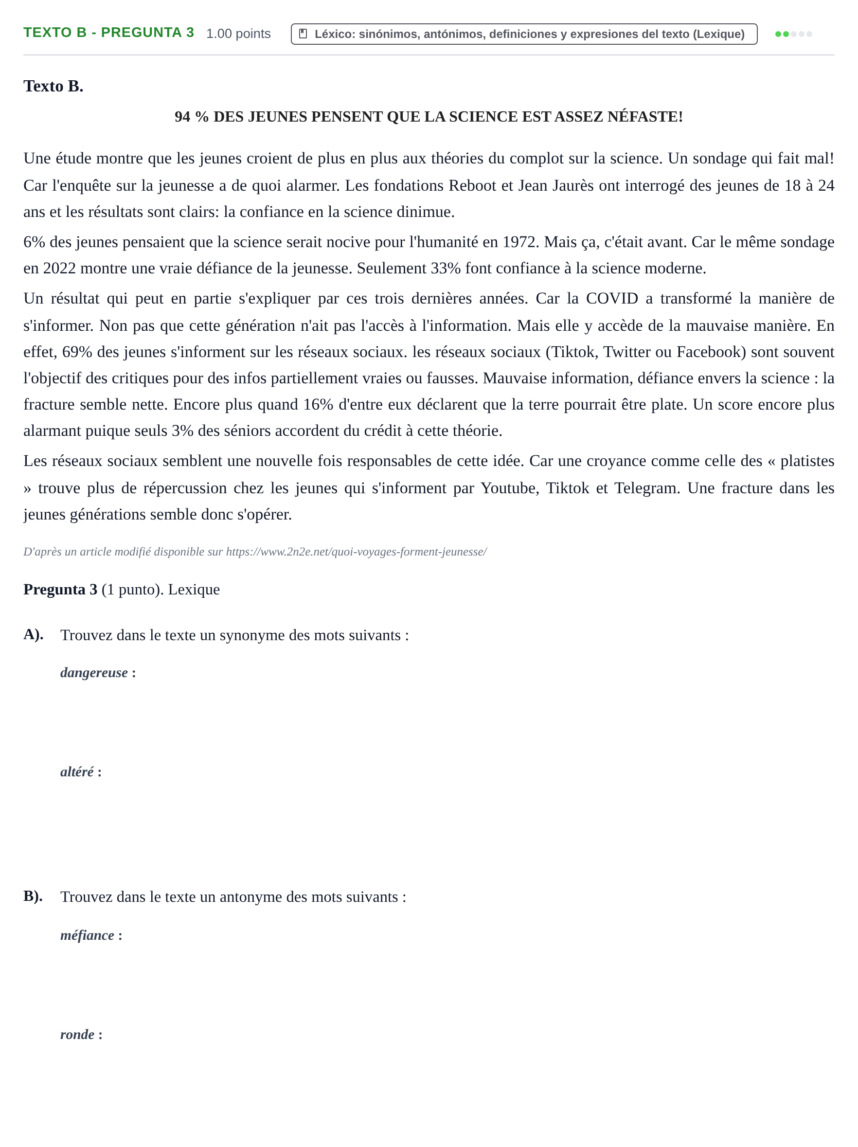 Enunciado: Ejercicio Texto B - Pregunta 3 · Francés PAU La Rioja Extraordinaria 2023