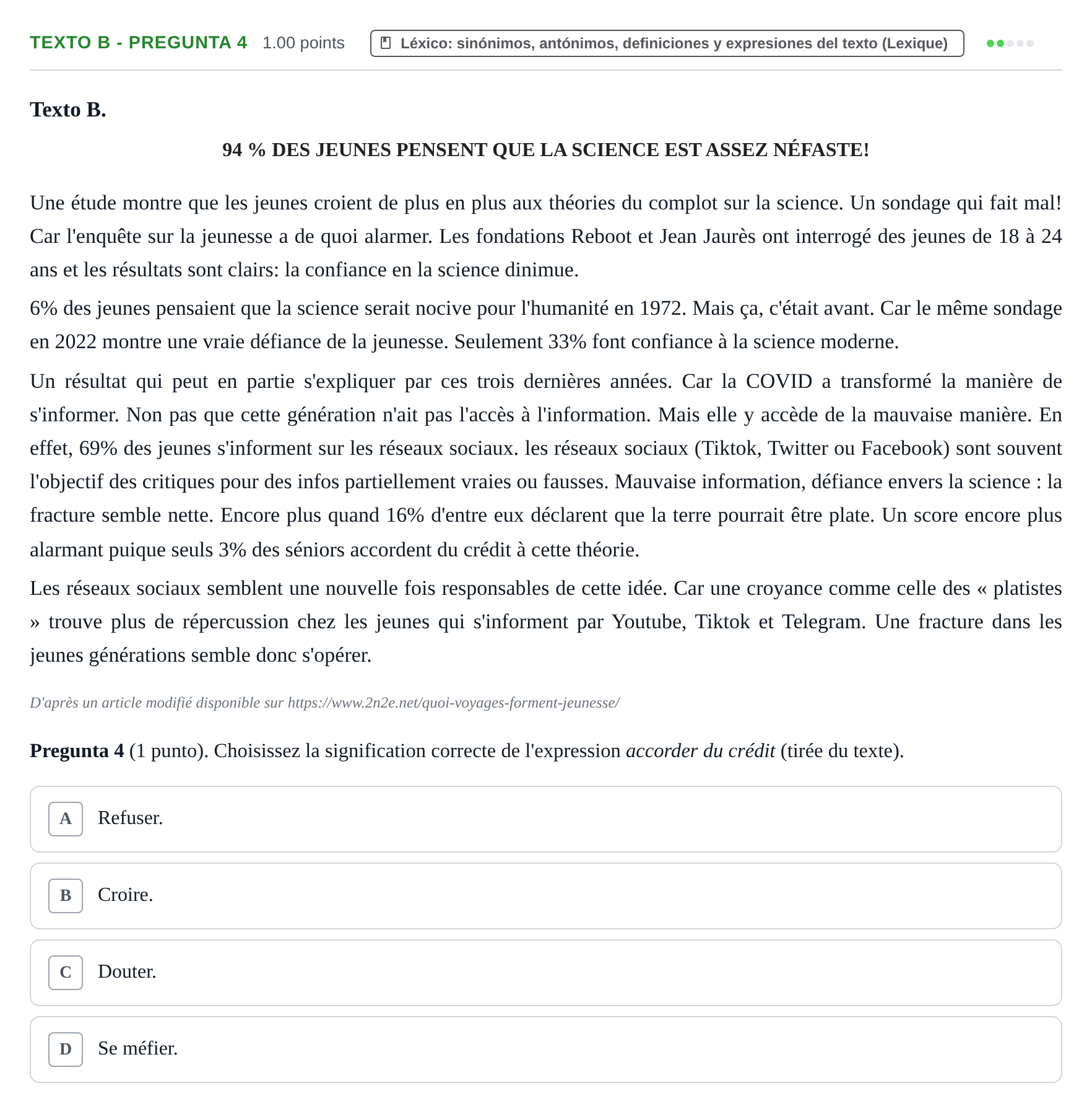 Enunciado: Ejercicio Texto B - Pregunta 4 · Francés PAU La Rioja Extraordinaria 2023