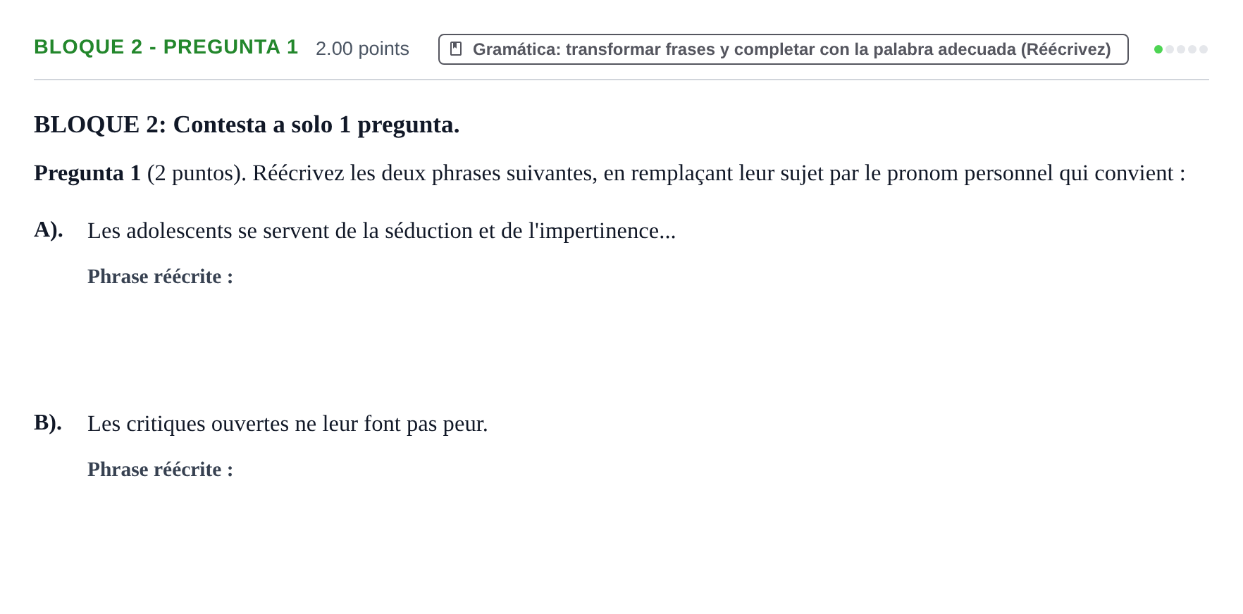 Enunciado: Bloque 2 - Pregunta 1 · Francés PAU La Rioja Ordinaria 2023