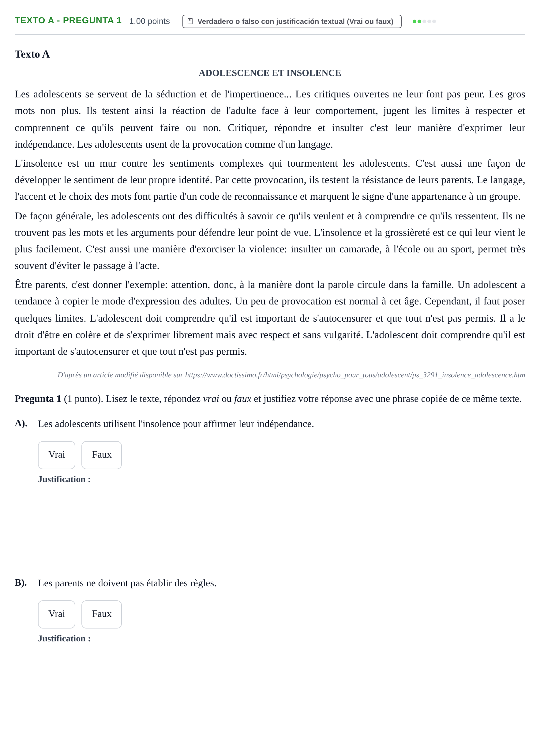 Enunciado: Ejercicio Texto A - Pregunta 1 · Francés PAU La Rioja Ordinaria 2023
