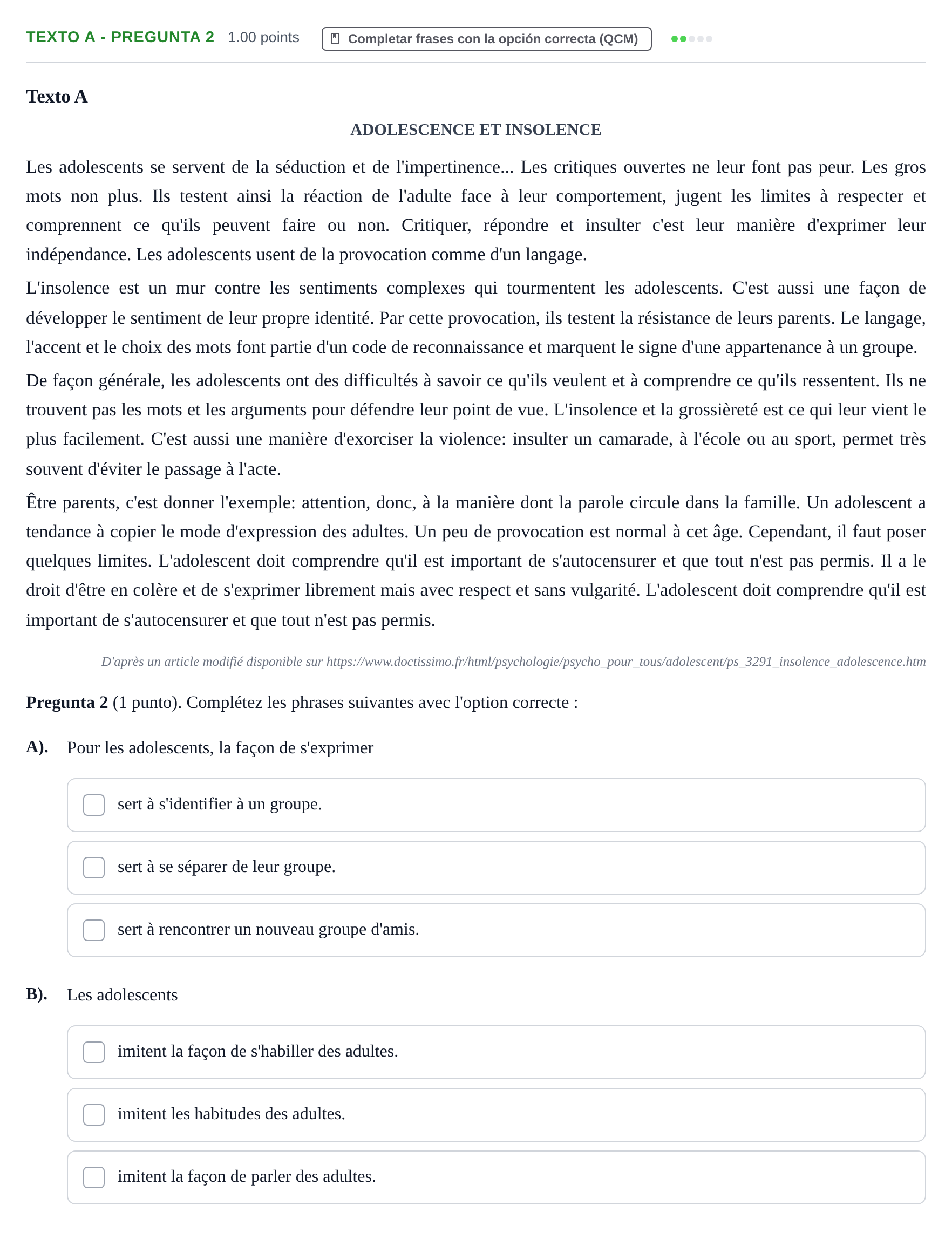 Enunciado: Ejercicio Texto A - Pregunta 2 · Francés PAU La Rioja Ordinaria 2023