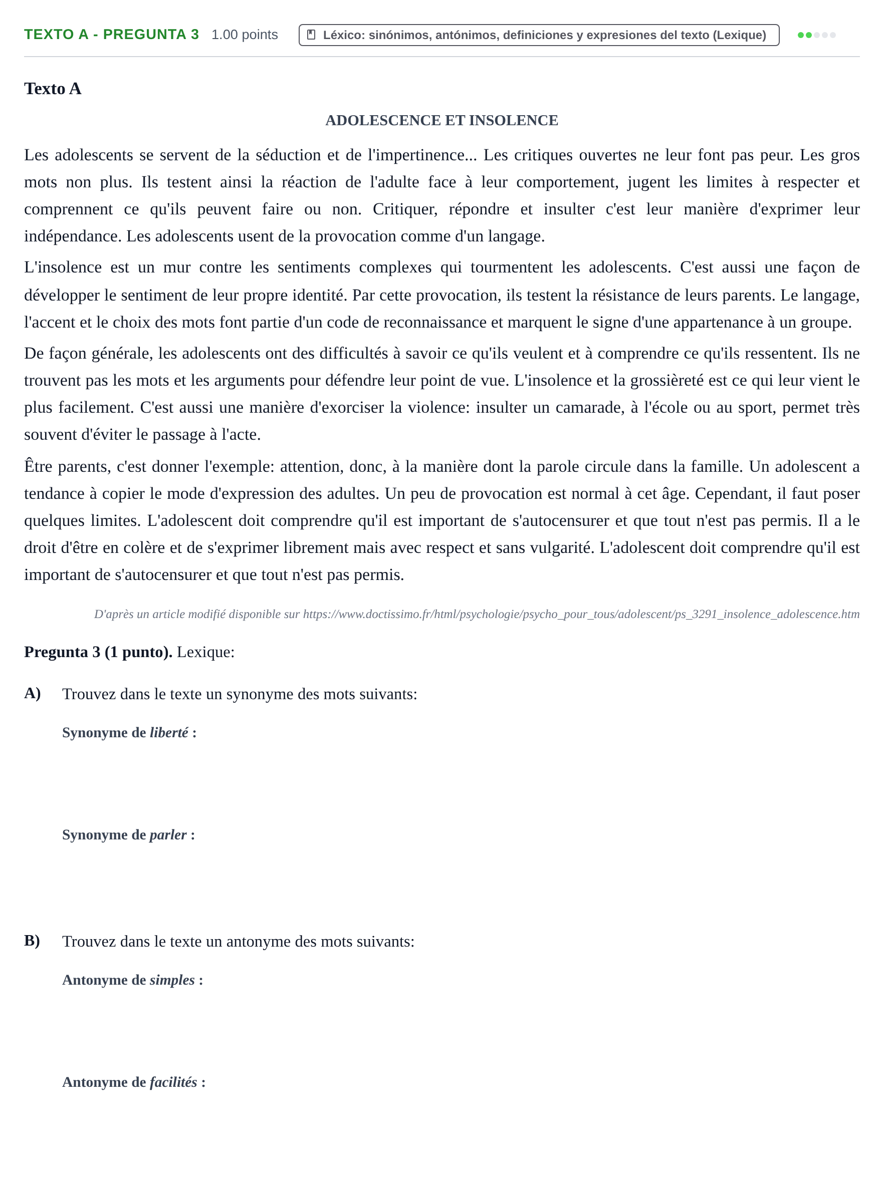 Enunciado: Ejercicio Texto A - Pregunta 3 · Francés PAU La Rioja Ordinaria 2023