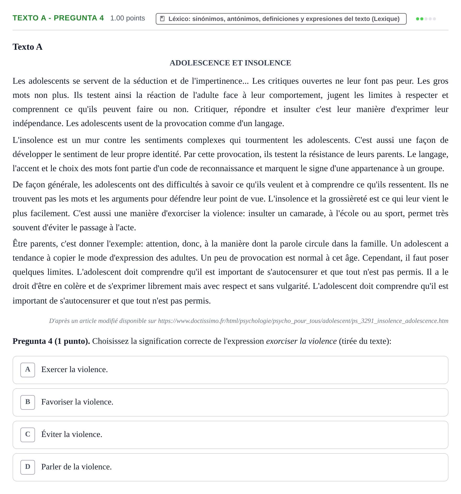 Enunciado: Ejercicio Texto A - Pregunta 4 · Francés PAU La Rioja Ordinaria 2023