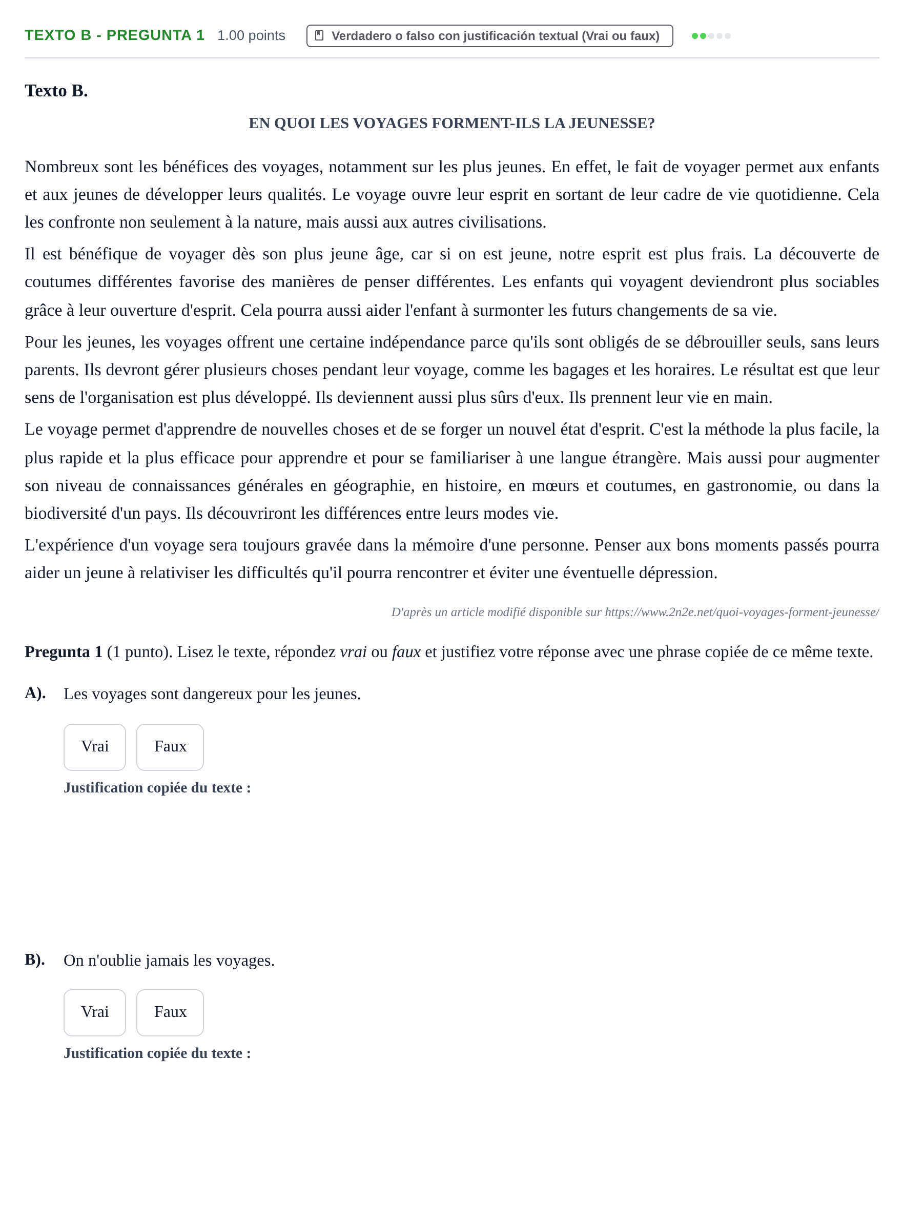 Enunciado: Ejercicio Texto B - Pregunta 1 · Francés PAU La Rioja Ordinaria 2023