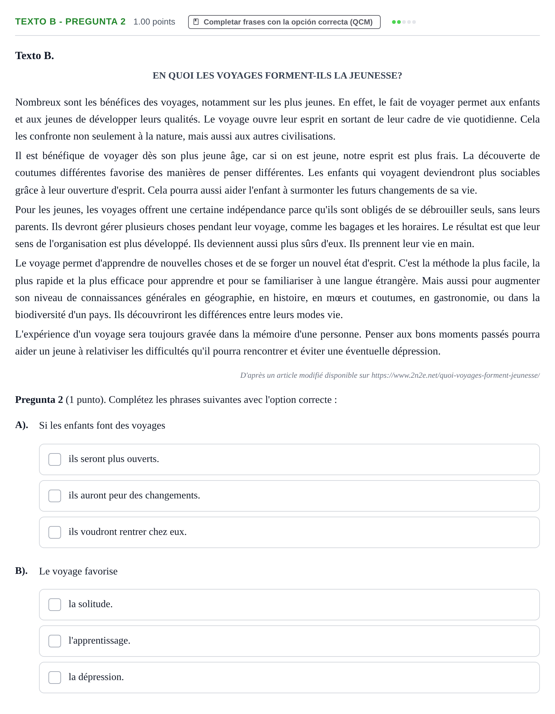 Enunciado: Ejercicio Texto B - Pregunta 2 · Francés PAU La Rioja Ordinaria 2023